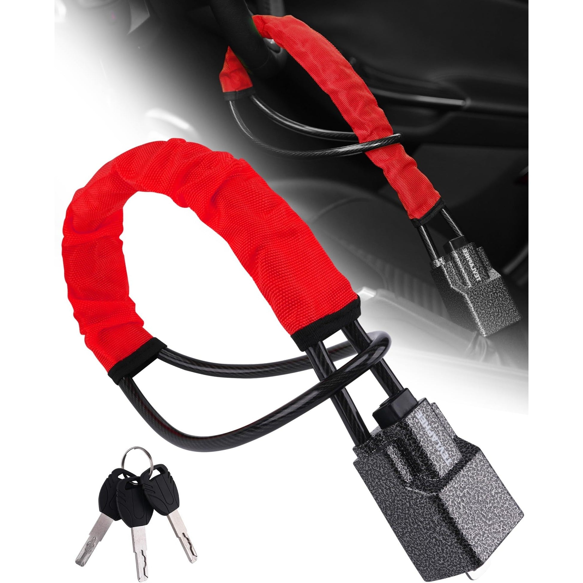 Tevlaphee Steering Wheel Lock Seat Belt Lock Universal Anti Theft Car Device Car Lock Car Theft Prevention with 3 Keys for Car Security Fit Most Vehicles Truck SUV Van (Red) - Medaid International