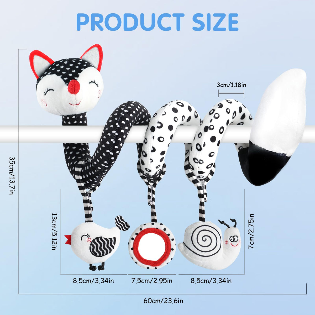 KASTWAVE Infant Car Seat and Stroller Toys - Black and White High Contrast Fox Spiral Activity Plush with Hanging Rattles, Ideal Visual Development Toy for Newborns and Babies, Gift for Girls and Boys