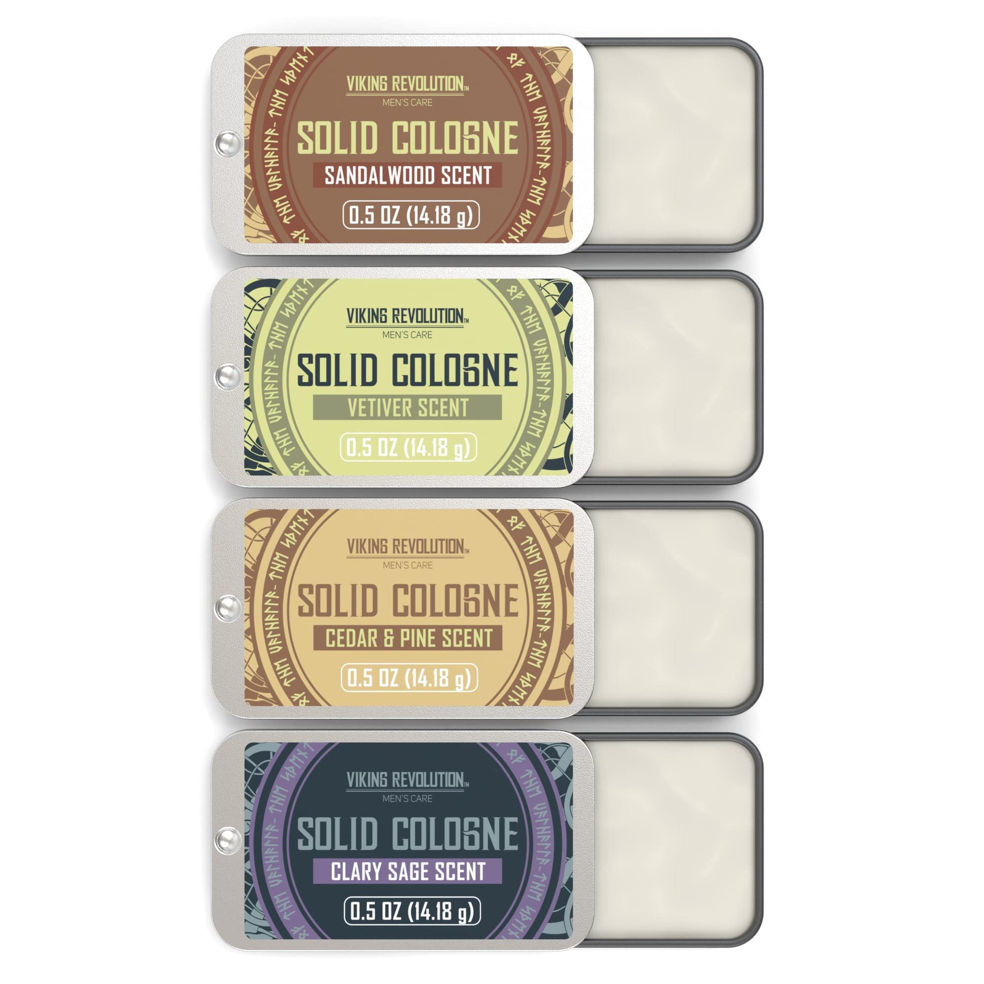 Viking Revolution 4 Pack Mens Solid Colognes 0.5 Oz - Men Solid Perfume with Cedar Wood, Clary Sage, Vetiver, Sandalwood Cologne for Mens - Travel Cologne Wax Gifts for Men - Medaid International