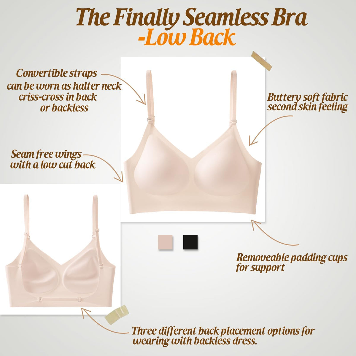 TERRIFI 1Pcs Low Back Bra for Women, Wirefree Seamless Backless Multiway Straps Convertible Halter Bra with Removable Pads, Skin Color Size M