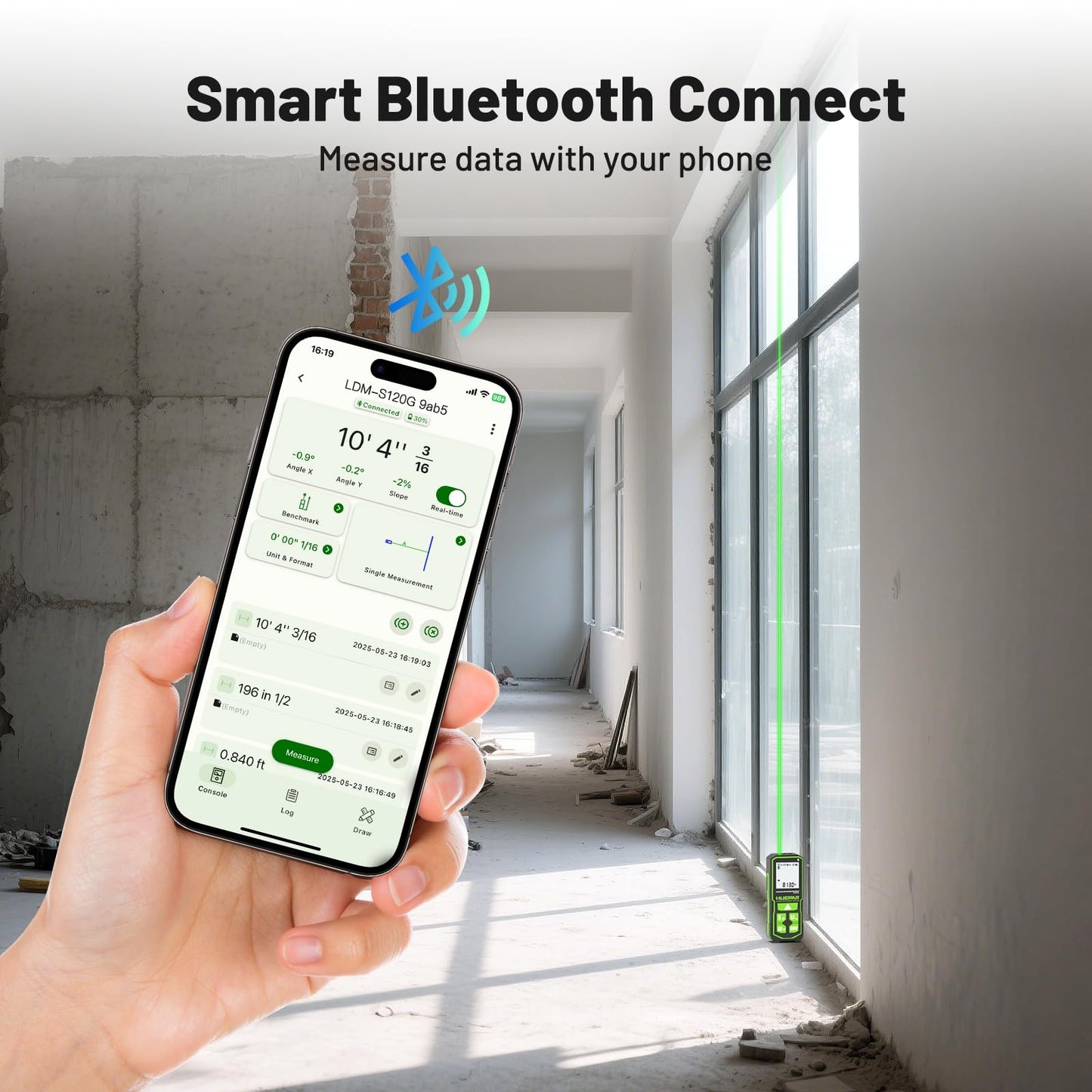 395FT Bluetoothed Green Laser Measuring Tool with Angle Sensor, Huepar 1/16in Accuracy Laser Distance Measurement Tool, Digital Laser Room Measuring Device, Laser Distance Meters - Medaid International