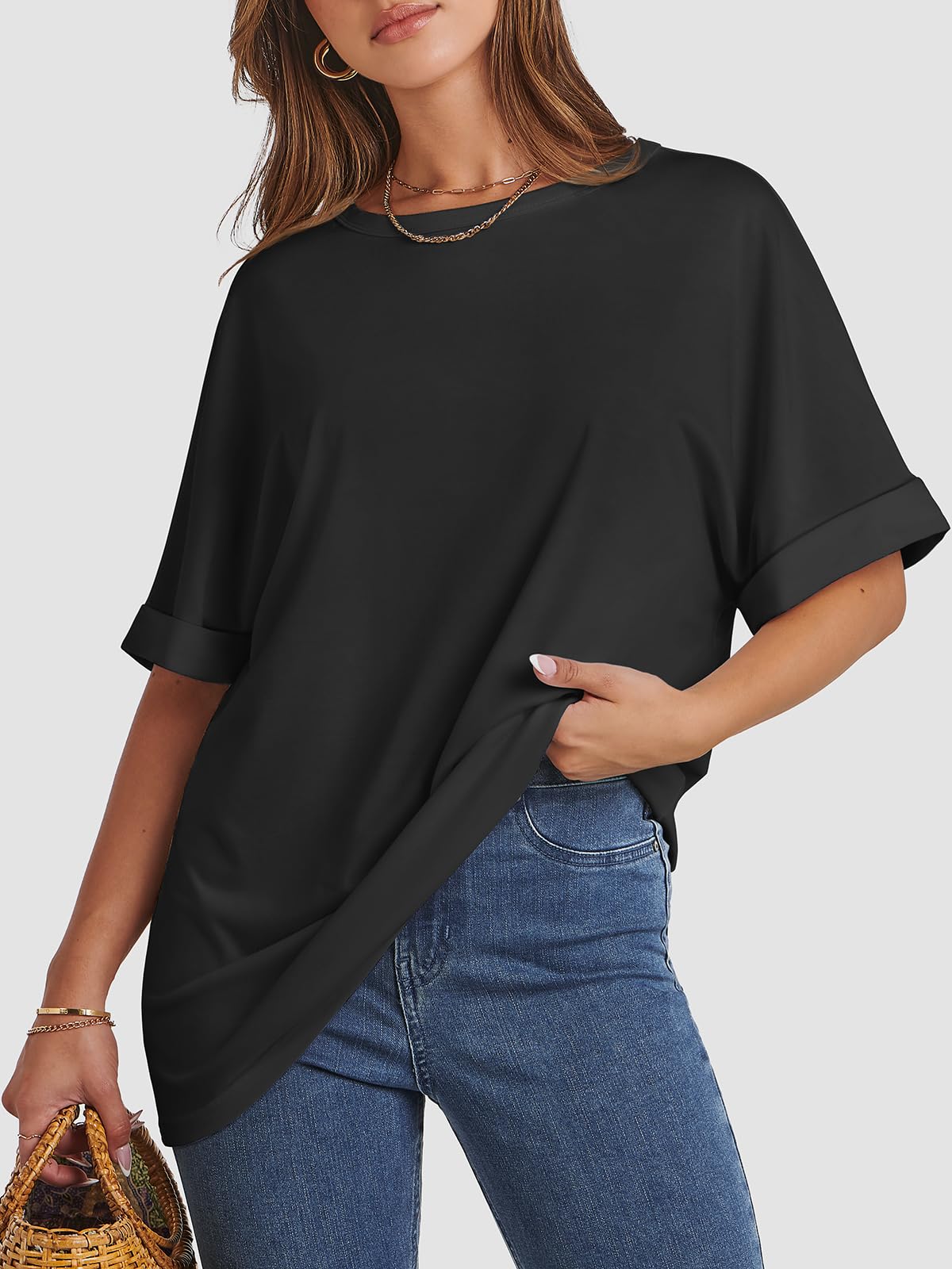 ATHMILE Womens Oversized Black T Shirts Loose Fit Crewneck Short Sleeve Summer Casual Blouse 2025 Y2K ShirtsTops - Medaid International