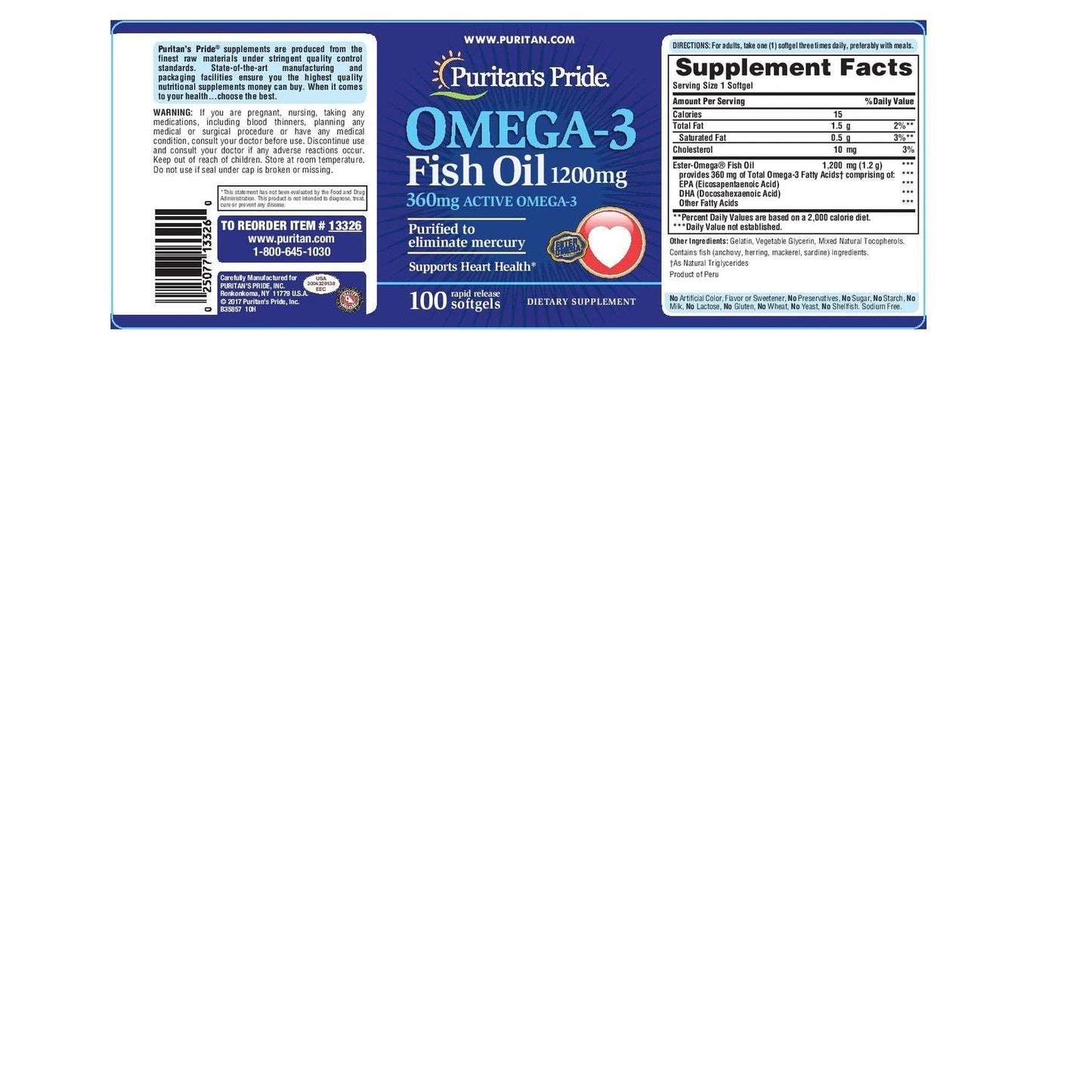 Puritan's Pride Omega-3 Fish Oil 1200 mg (360 mg Active Omega-3) - 100 Softgels - Medaid International