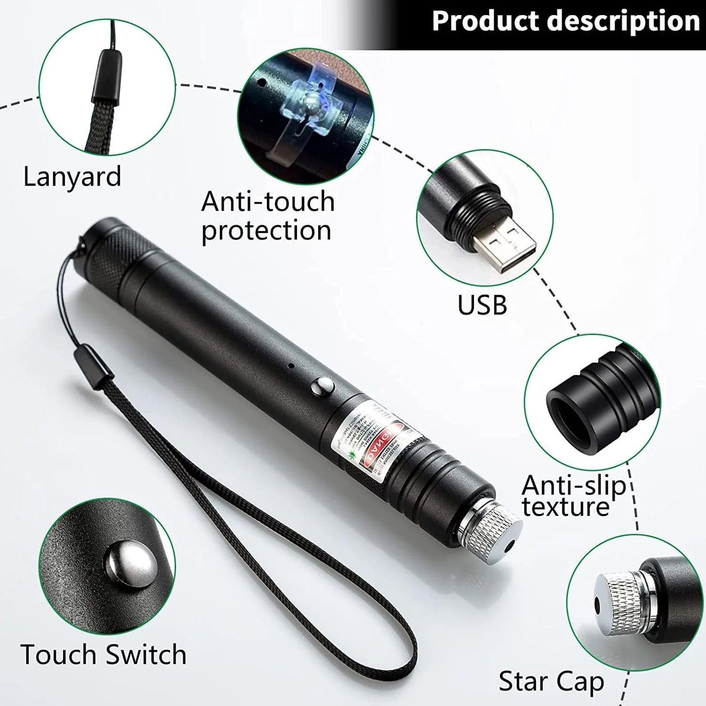 Cyahvtl Laser Pointer, Tactical Flashlights 2000 Metres Green Long Range High Power Handheld Flashlight, Rechargeable Laser Pointer for USB, with Star Cap Adjustable Focus Suitable for Projecto - Medaid International