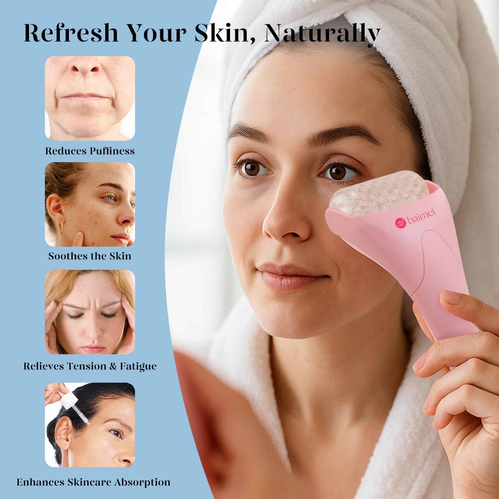 BAIMEI IcyMe Ice Roller for Face and Gua Sha Facial Tool Set, Ice Face Roller Reduces Puffiness Relieves Migraines Skin Care Tools, Self Care Gift for Women - Pink - Medaid International