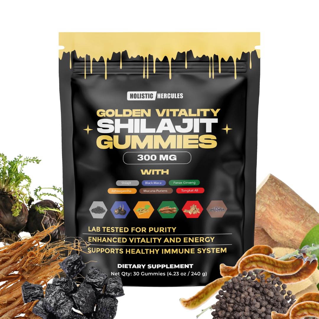 Holistic Hercules Himalayan Gold Shilajit Gummies with Ashwagandha Black Maca Tongkat Ali Panax Ginseng Mucuna | 100% Natural Organic | Vegan Non-GMO Sugar-Free (30) - Medaid International