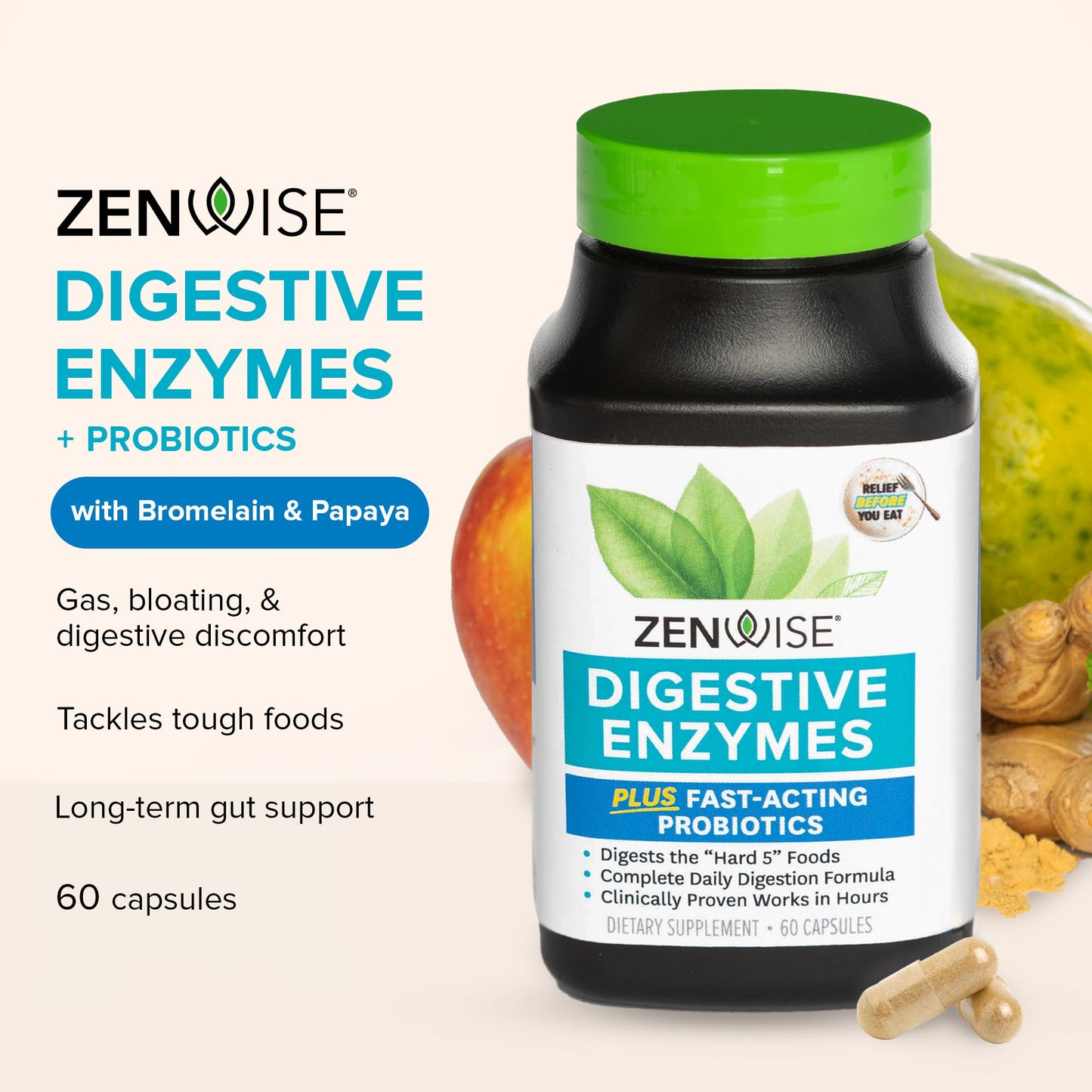 Zenwise Health Digestive Enzymes for Gut Health & Bloating Relief - Multi Enzymes Digestion Supplement with Probiotics, Bromelain & Papaya for Digestive Health Support - Men & Women - 60 Count - Medaid International