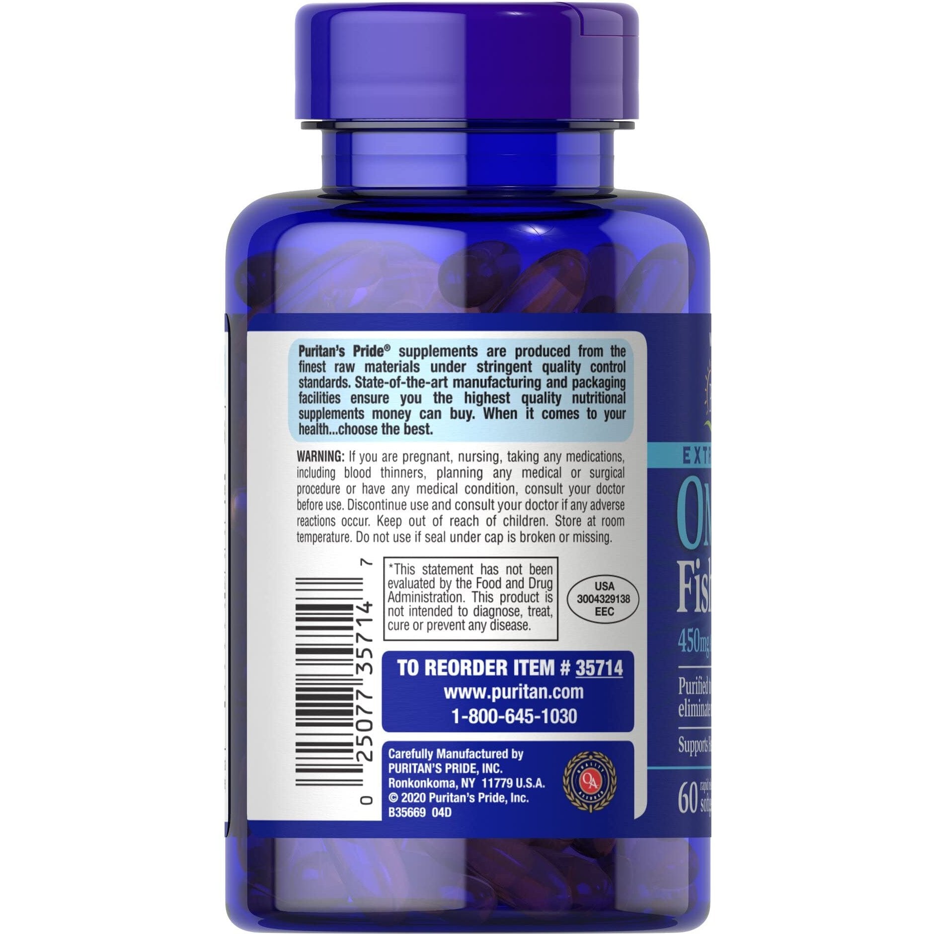 Puritans Pride Extra Strength Omega-3 Fish Oil 1500 Mg 450 Mg Active Omega-3 Softgels, 60 Count - Medaid International