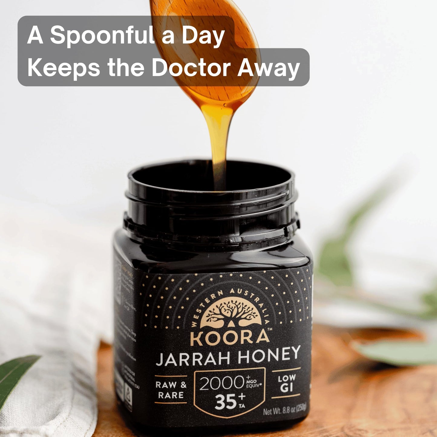 KOORA Jarrah Honey TA 35+ (MGO 2000+ Manuka Honey Rating Equiv.) Low GI, Raw Medicinal Honey for Daily Health & Immune Support, from the Wild Ancient Forests of Western Australia 8.8 oz - Medaid International