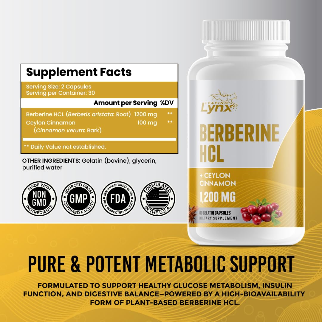 Leaping Lynx Berberine HCl 1200 mg – Premium Herbal Supplement for Metabolic, Digestive & Heart Health Support | High-Absorption Berberine Capsules – Vegan, Non-GMO - Medaid International