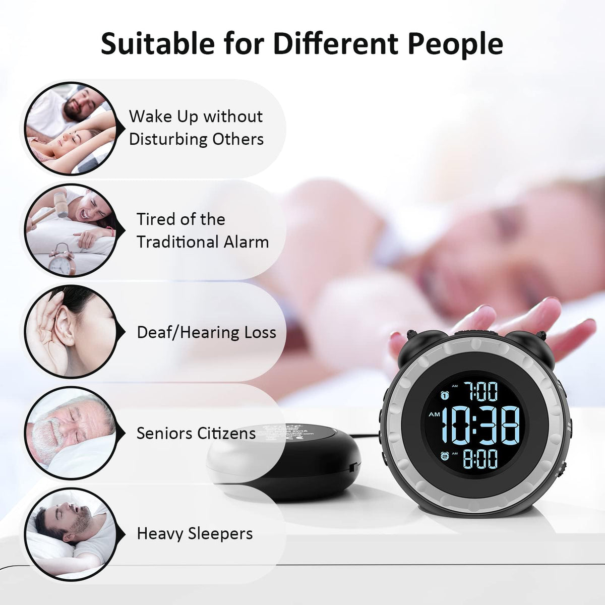 TERRIFI Loud Dual Alarm Clock with Bed Shaker, 0-100% Dimmer, Vibrating Alarm for Heavy Sleepers or Hearing Impaired, Easy to Set with USB Charging Port, Snooze Function, and Battery Backup