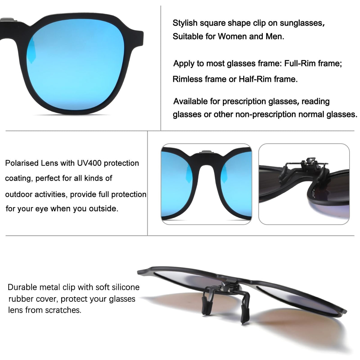 TERRIFI Polarized Clip-On Sunglasses for Prescription Glasses, Flip-Up Anti-Glare UV400 Clip On Shades for Men & Women, Square/Round Design for Driving & Outdoor