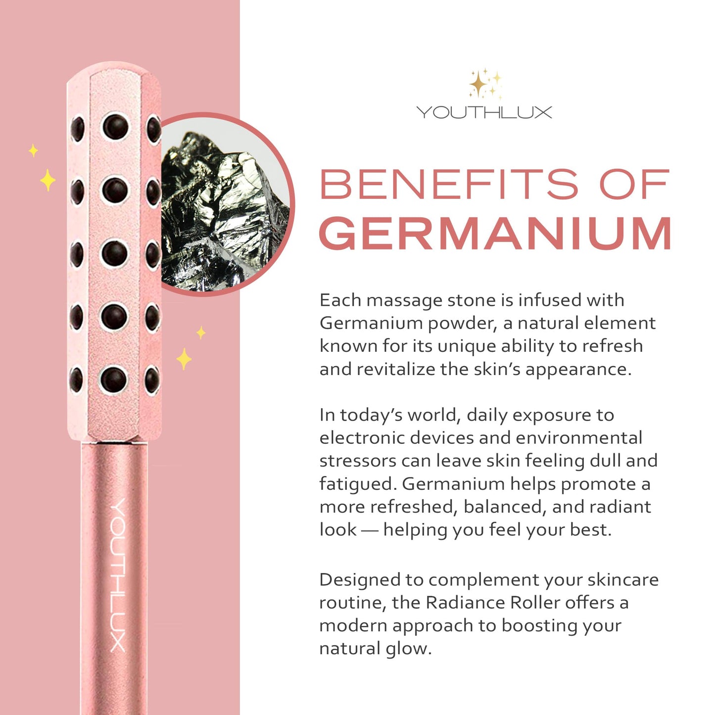 YOUTHLUX Radiance Roller - Germanium Stone Uplifting Face Beauty Massage Tool/Roller/Wand for Skin Tightening, De-Puffing, Sculpt/Lift, Anti-Aging | Uplift Face Roller, Facial Roller (Rose Gold) - Medaid International