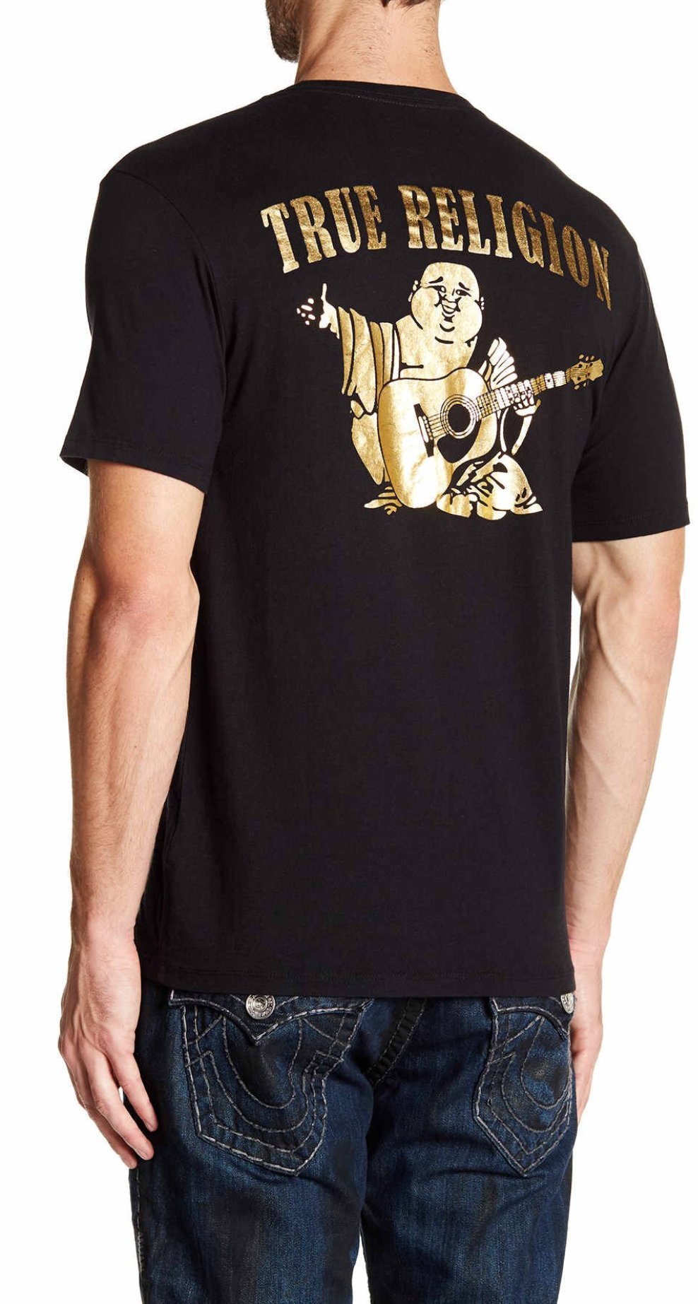True Religion Men's Big Buddha Metallic Short Sleeve Tee, BLACK, L - Medaid International