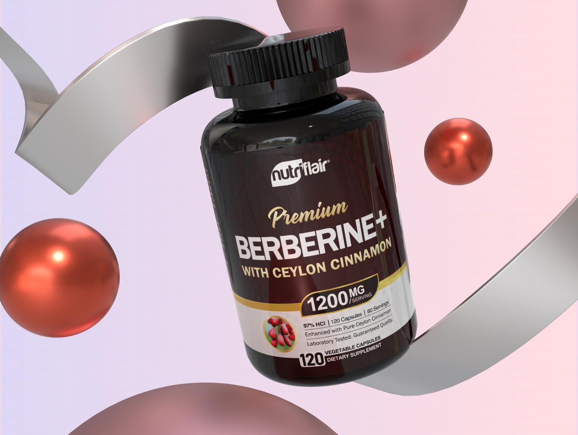 NutriFlair Berberine 97% HCl with Ceylon Cinnamon Supplement, 120 Capsules – High Potency, Premium Quality, Vegan-Friendly – 60 Servings - Medaid International