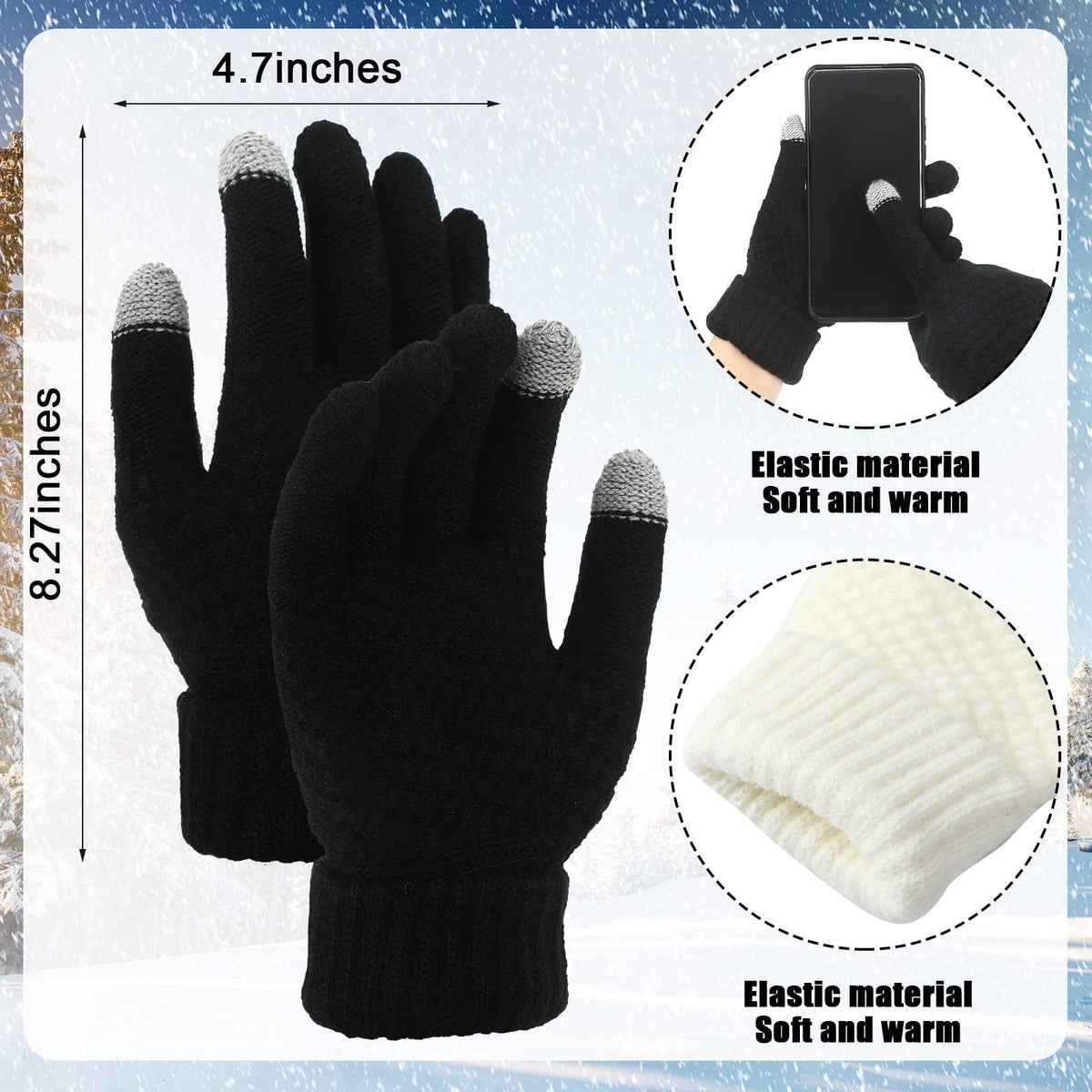 4 Pieces Winter Cat Ear Beanie Knit Hat & Touchscreen Gloves Set for Women - KASTWAVE 2 Cat Ears Hats (White & Black) + 2 Pairs Warm Knit Gloves for Cold Weather, Outdoor & Daily Use