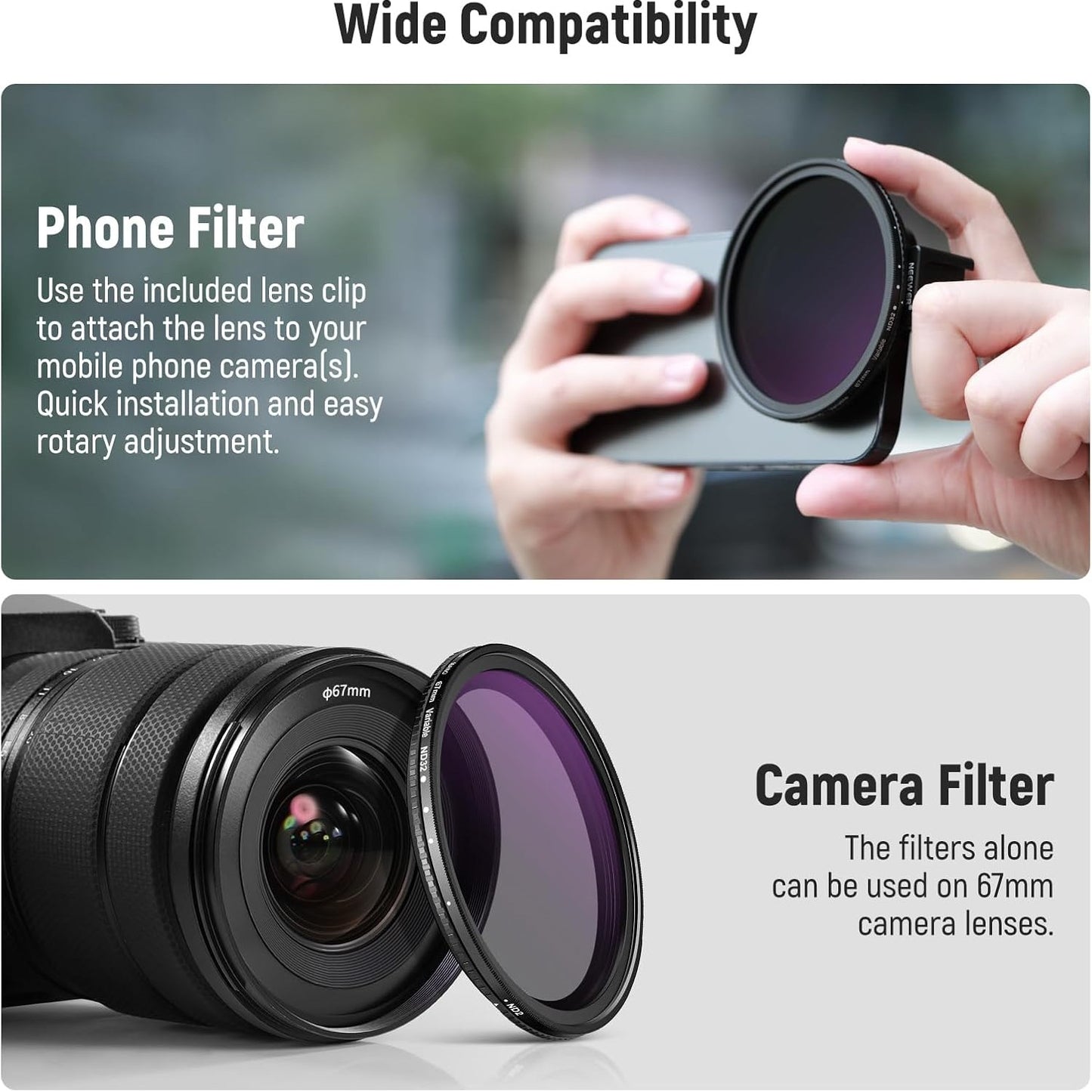 NEEWER 67mm Clip On VPhone Lens Filter Kit with ring