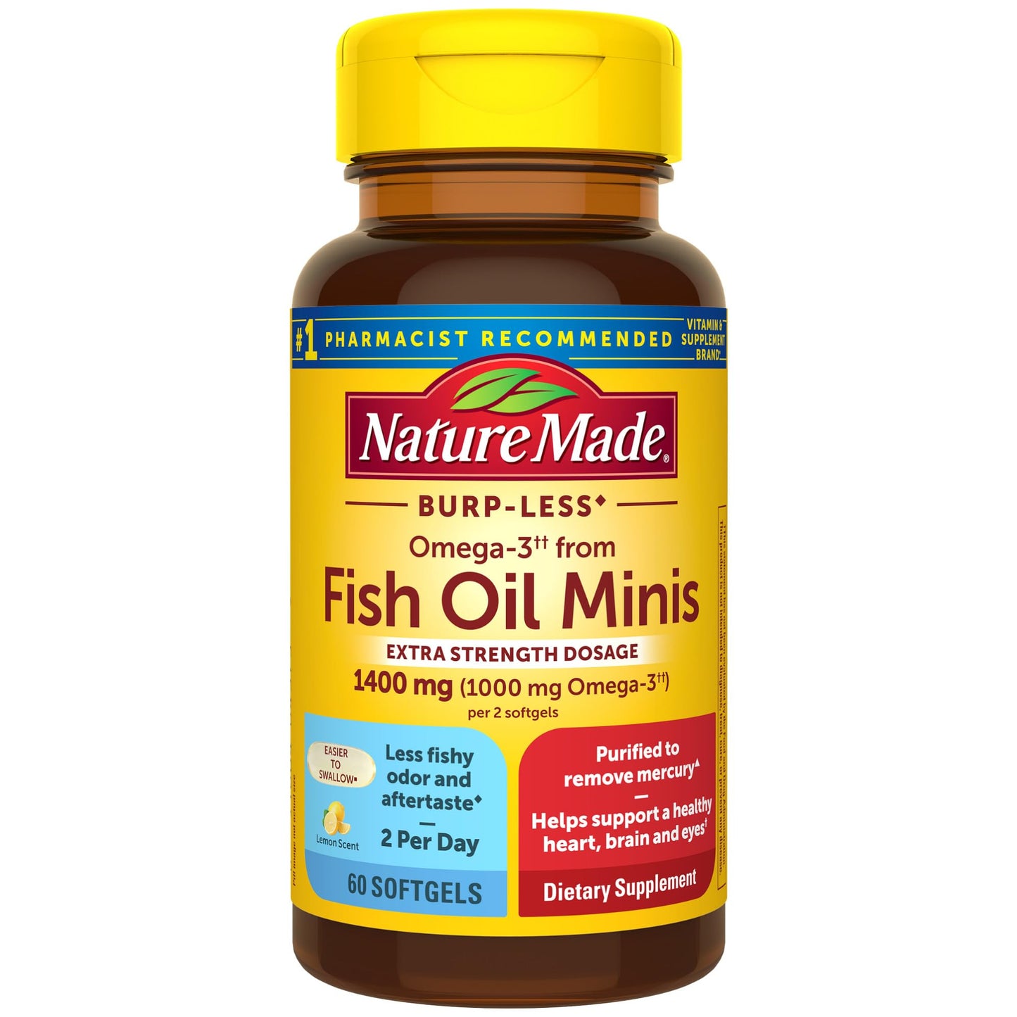 Nature Made Extra Strength Burp Less Fish Oil Omega 3 Supplements 1400 mg Minis, Omega 3 Fish Oil as Ethyl Esters for Healthy Heart Brain Eyes Support, 60 Softgels, 30 Day Supply - Medaid International