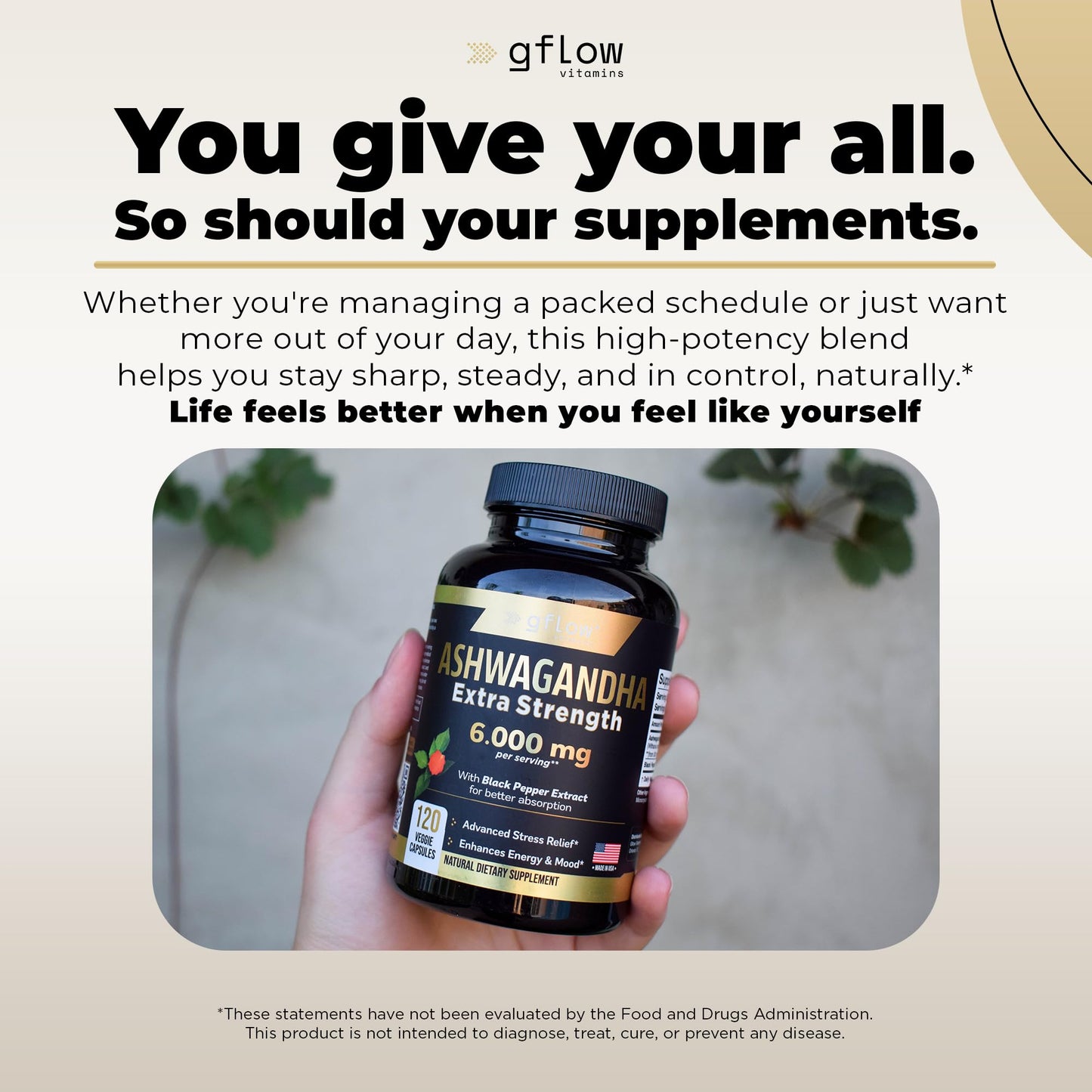gflow vitamins Ashwagandha Supplements for Women and Men 6000mg | Sleep, Mood and Energy Support | Extra Strength, Vegan Friendly, Non-GMO, Made in USA - Medaid International