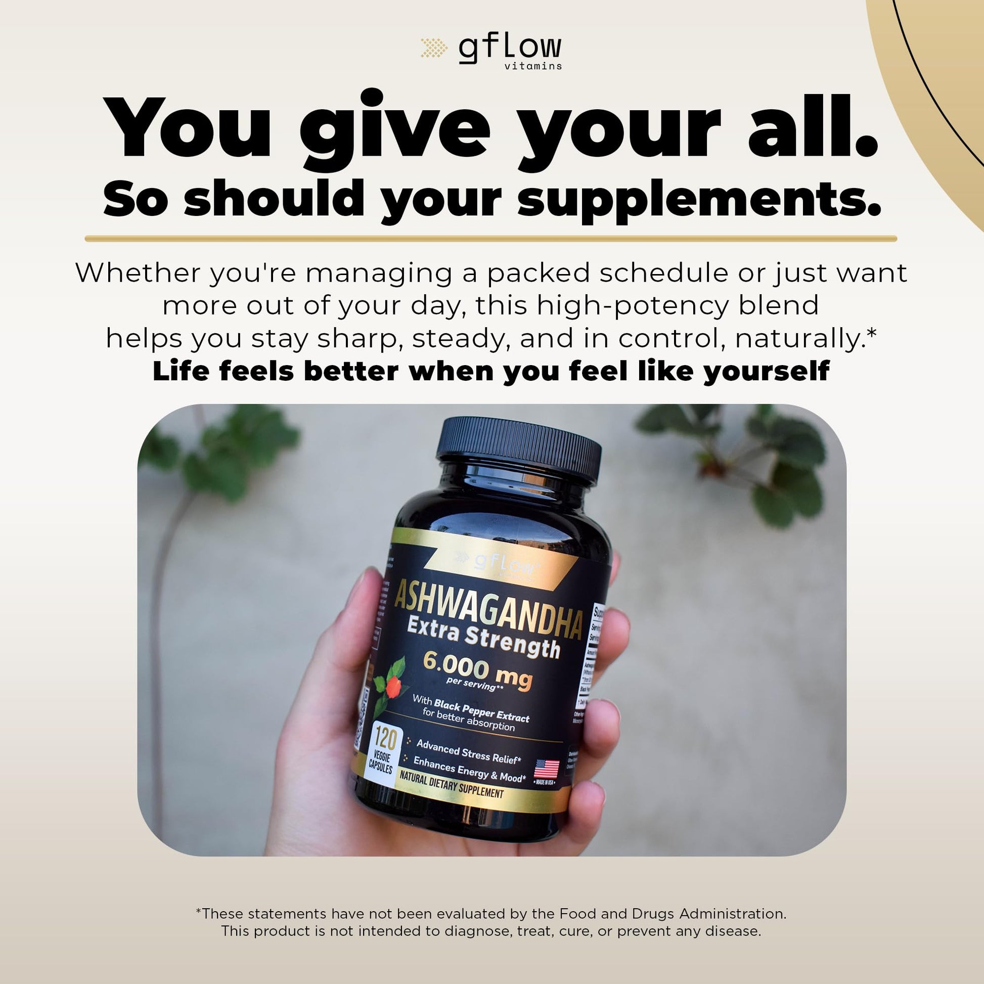gflow vitamins Ashwagandha Supplements for Women and Men 6000mg | Sleep, Mood and Energy Support | Extra Strength, Vegan Friendly, Non-GMO, Made in USA - Medaid International