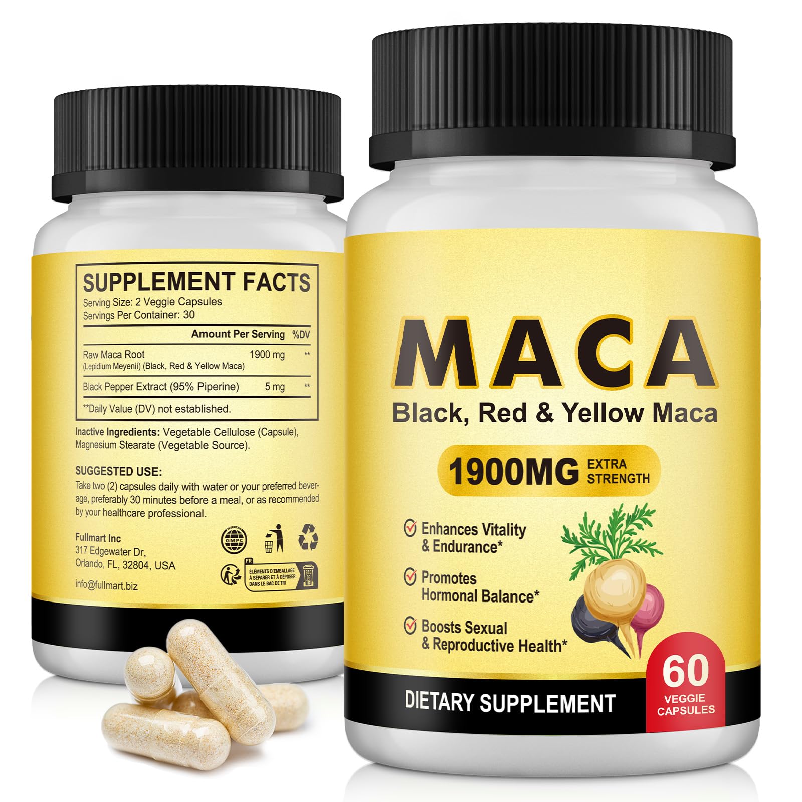 Maca Root Capsules for Women1900mg, Black + Red + Yellow Maca Root Extract Vegan Supplement Supports Reproductive Health, Menstrual Support, Hormonal Balance, Natural Energy - Medaid International
