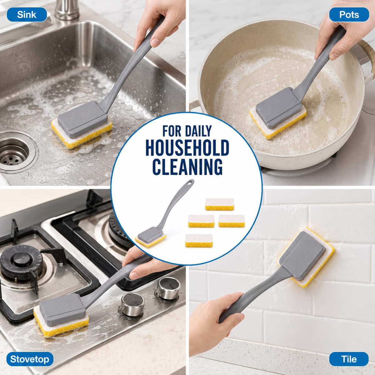 TERRIFI Dish Brush with Handle and 5 Sponge Refills, Non-Scratch Dishwand Cleaning Brush for Pans, Pots, Sink, Stove, Kitchen Utensils, Shower and Tubs, Grey