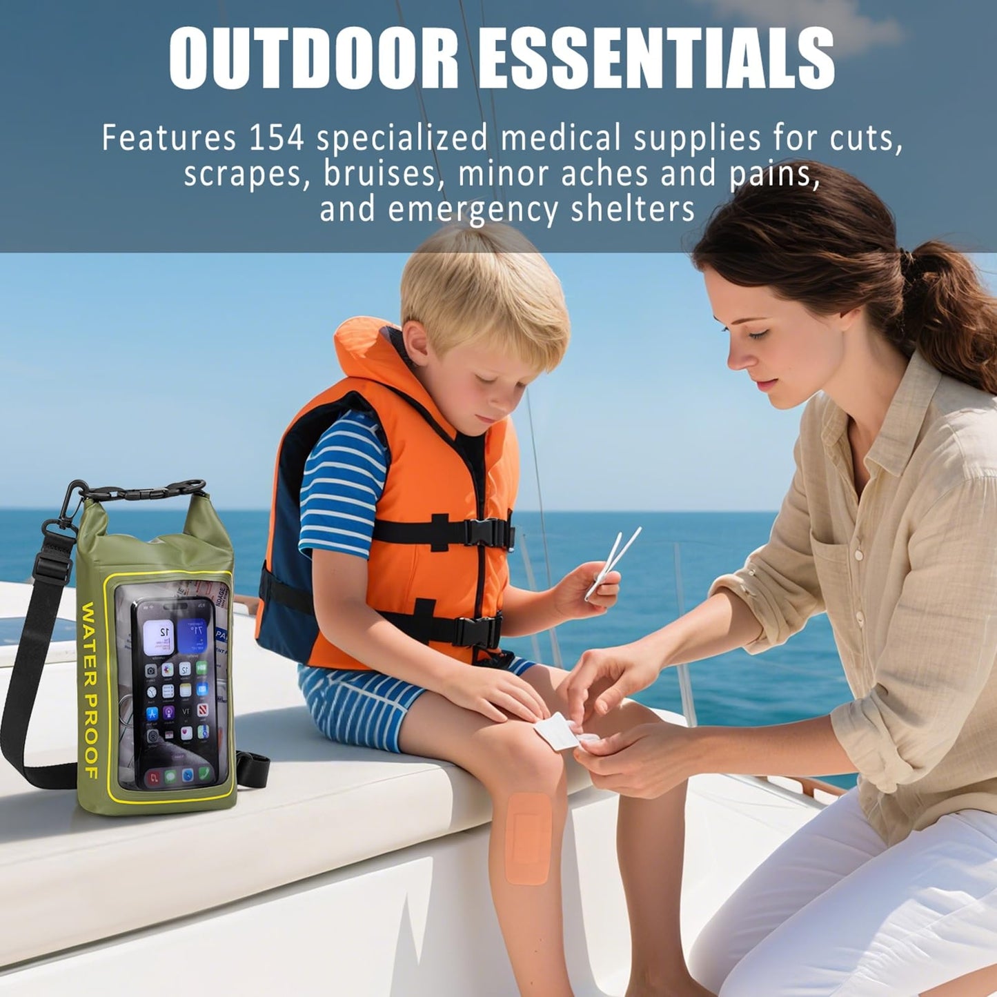 GPUSFAK 154 Pieces Waterproof Boat First Aid Kit Dry Bag with Cell Phone Bug Out Bags Pouch Roll Top Boat Emergency Kit 2-in-1 for Camping Fishing Kayaking Swimming Rafting ArmyGreen