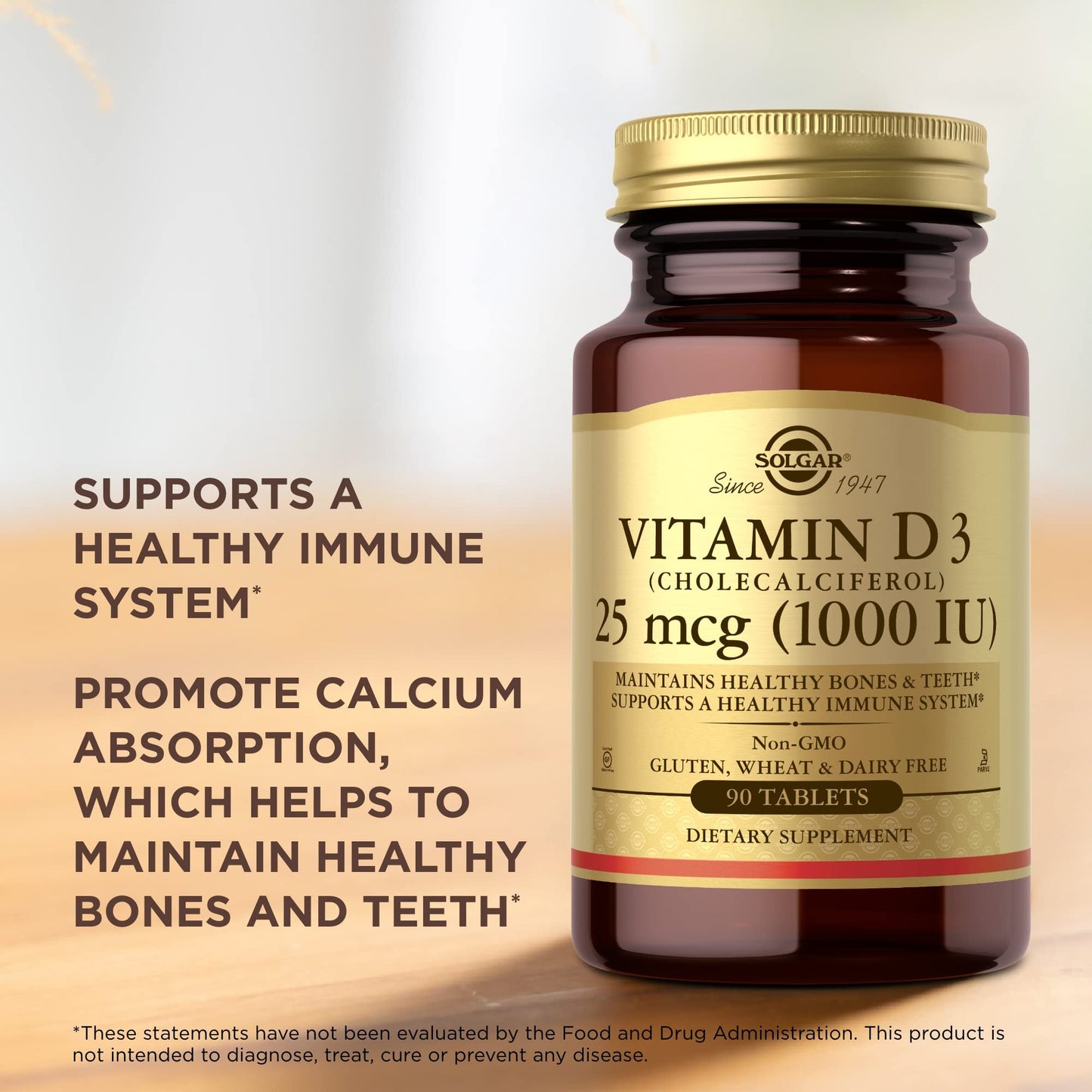 Solgar Vitamin D3 (Cholecalciferol) 25 mcg (1000 IU) - 90 Tablets - Helps Maintain Healthy Bones & Teeth - Immune System Support - Non-GMO, Gluten Free, Dairy Free, Kosher - 90 Servings - Medaid International