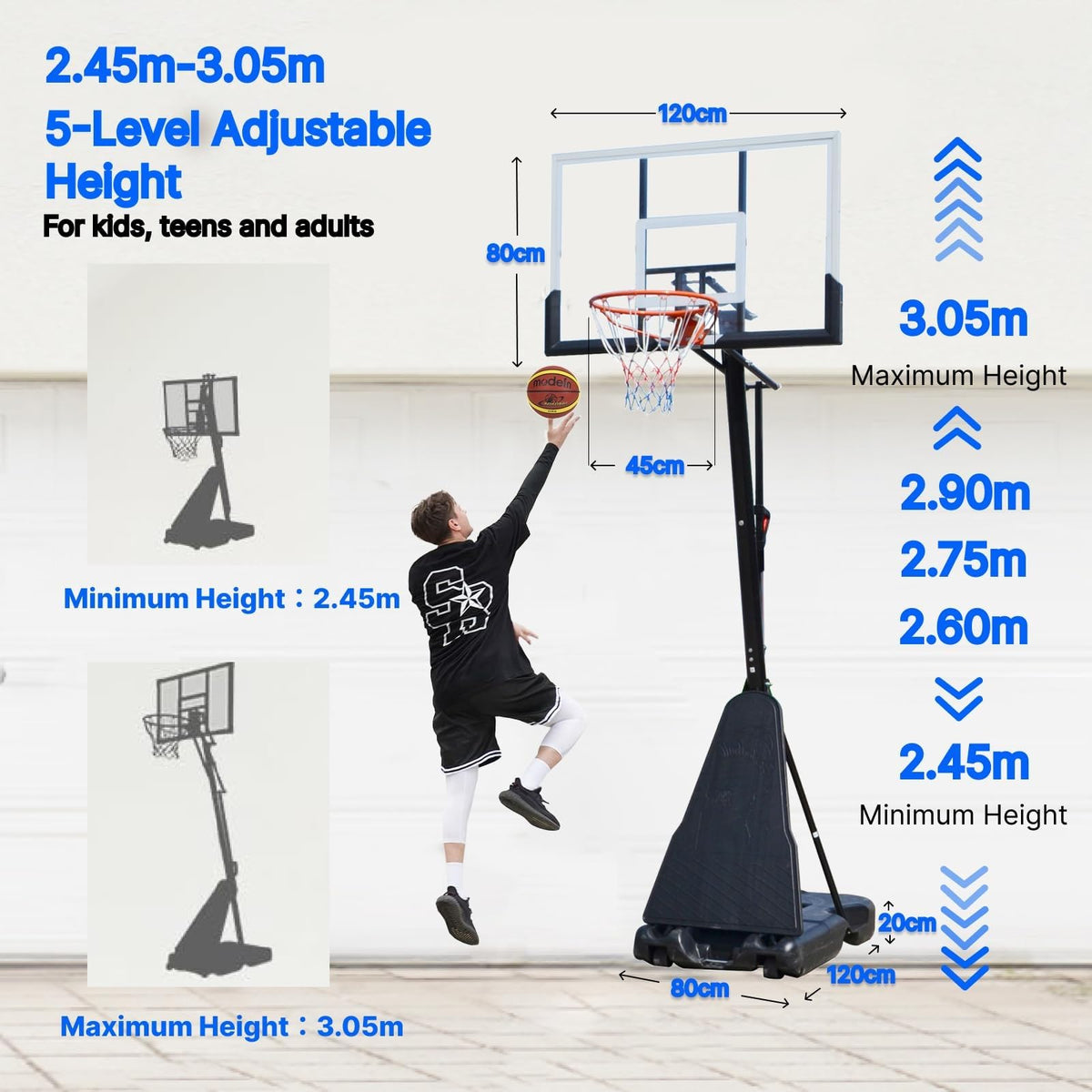 Basketball Hoop 120cm Backboard Portable Basketball Goals Outdoor and Portable Wheels, 2.45-3.05m Stepless Regulation Crank Adjust Basketball Goal System