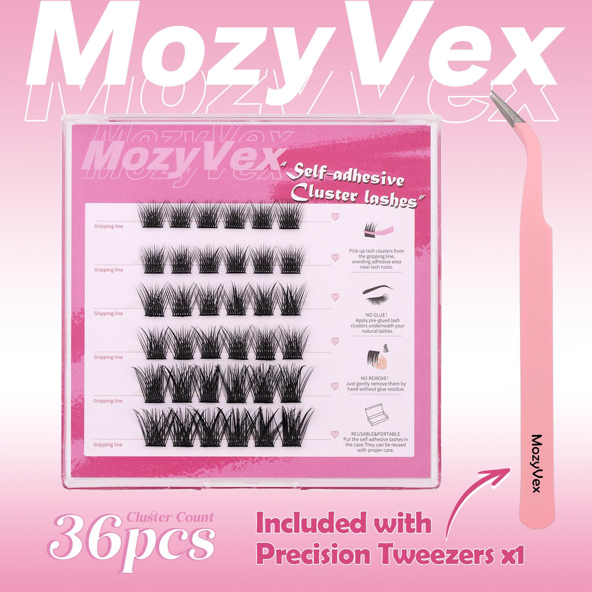 36pcs Self Adhesive Lash Clusters Reusable DIY Eyelash Extensions - D Curl 10-16mm Pre-Glued Lash Clusters No Glue Needed, Includes Tweezers for 1-STEP Easy Application