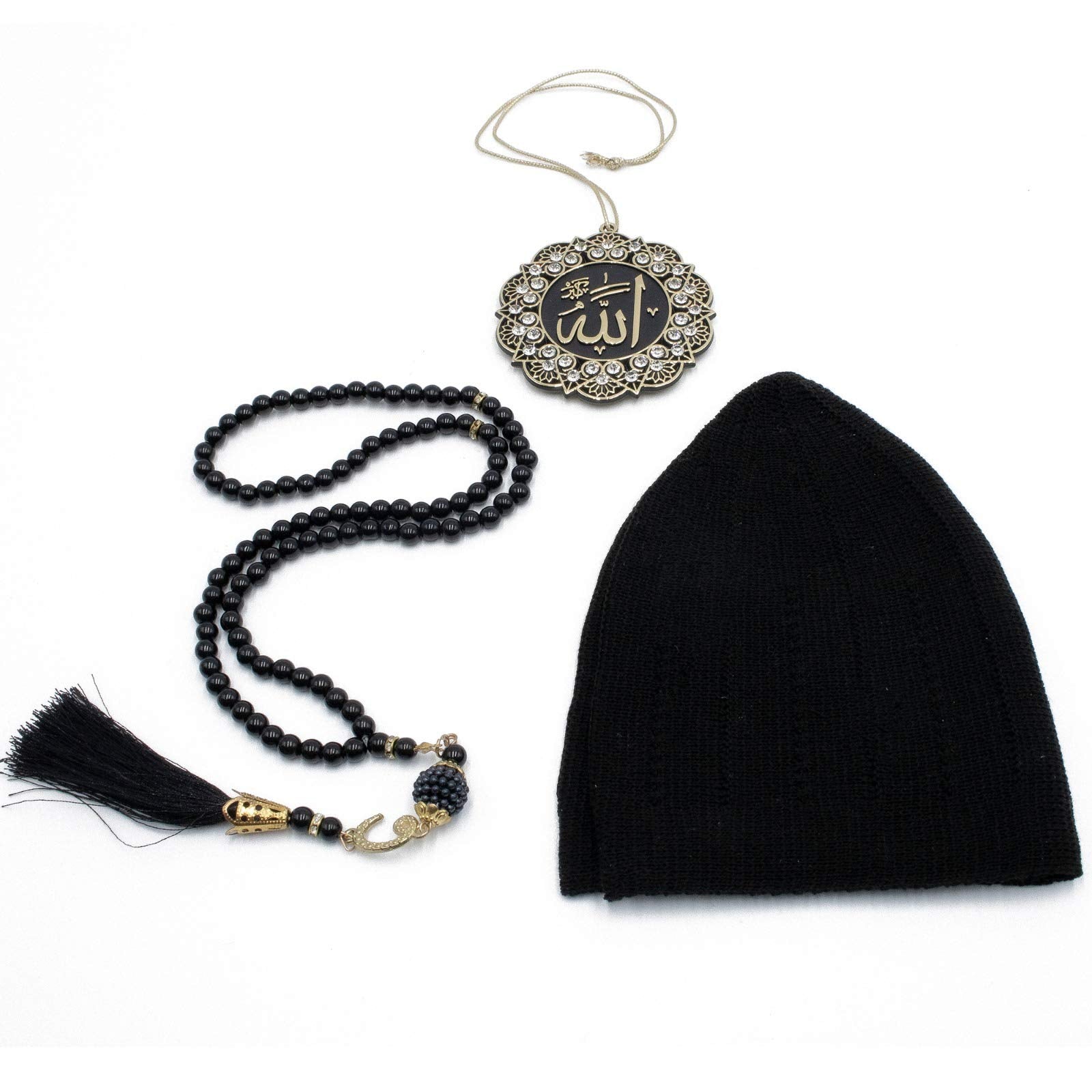 Modefa Turkish Islamic Prayer Mat Muslim Prayer Rug Islam Men Women Chenille with Praying Cap, Beads | Full Kaba Door Swirl Intricate Design (Black) - Medaid International