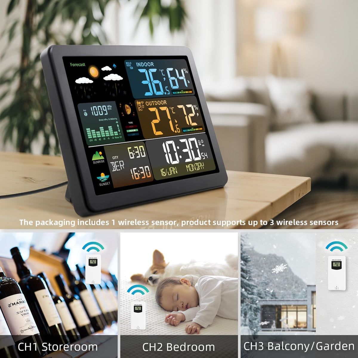 KASTWAVE Weather Station Wireless Indoor Outdoor Thermometer, Color Display Digital Weather Thermometer with Atomic Clock, Barometric Pressure, Forecast Station with Adjustable Backlight