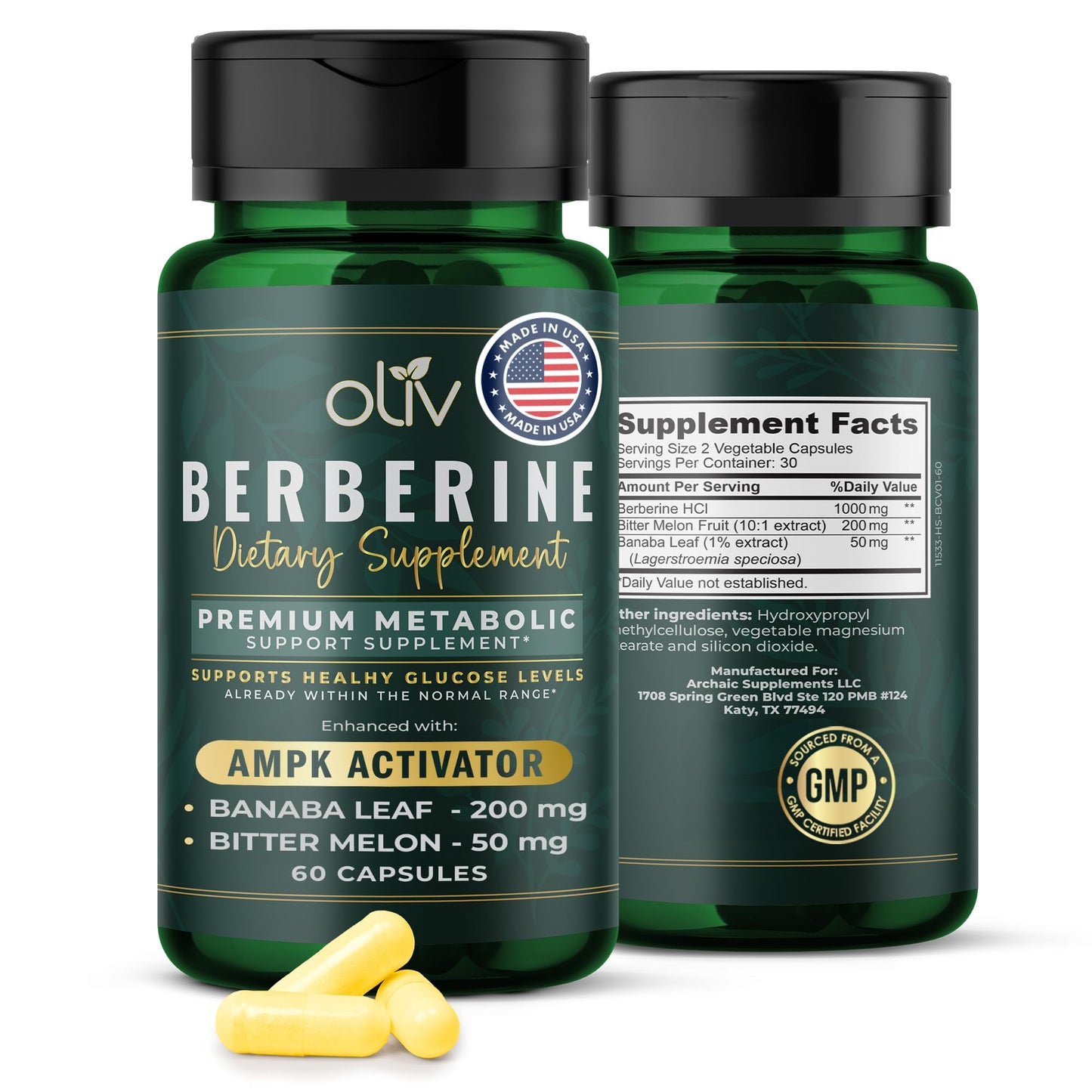oliv Pure Berberine Supplement Capsules – Berberine HCI 1000mg - Natural Metabolic Support with 200mg Bitter Melon Fruit Extract and 50mg Banaba Leaf – 2 Veggie Capsules Daily (30 Servings) - Medaid International