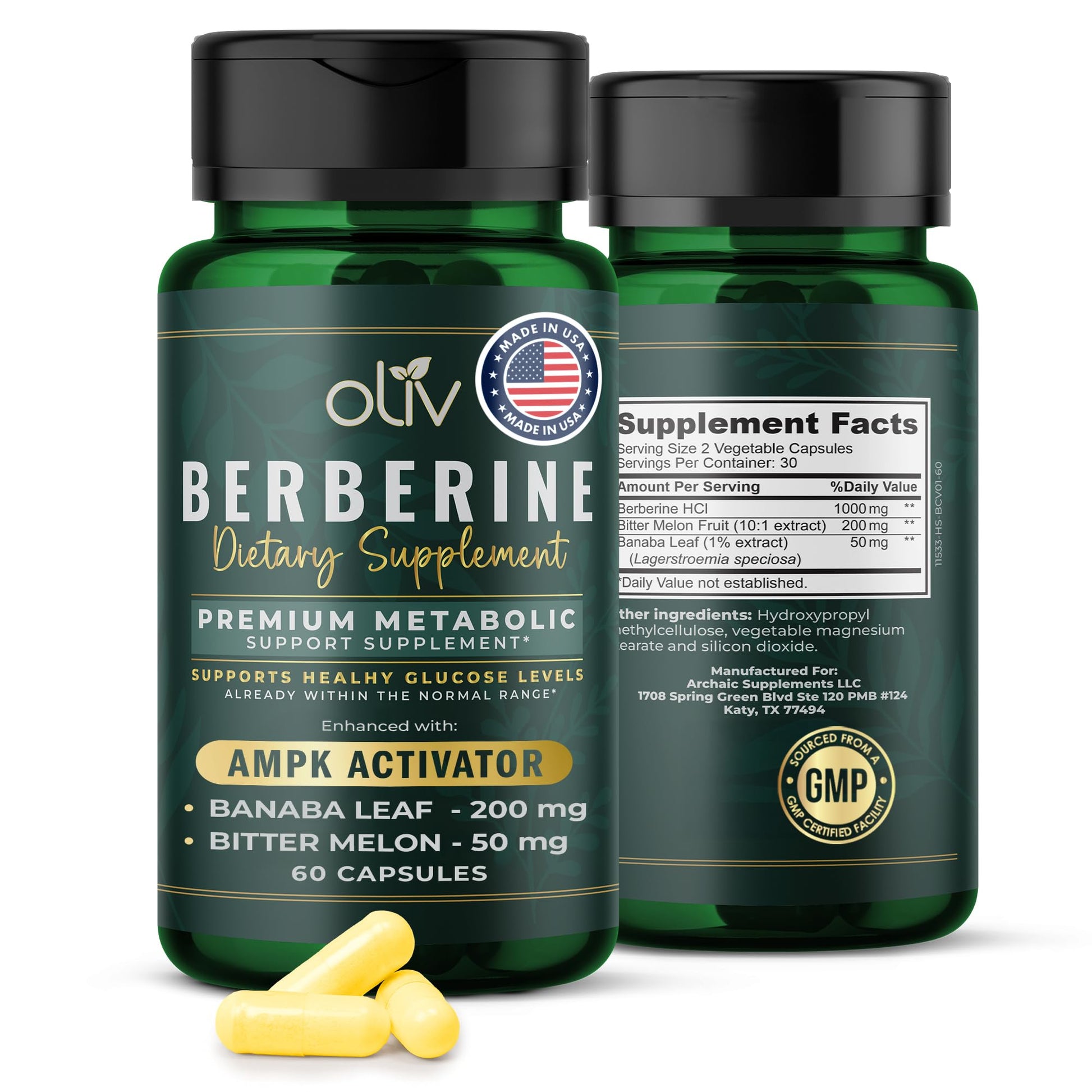 oliv Pure Berberine Supplement Capsules – Berberine HCI 1000mg - Natural Metabolic Support with 200mg Bitter Melon Fruit Extract and 50mg Banaba Leaf – 2 Veggie Capsules Daily (30 Servings) - Medaid International