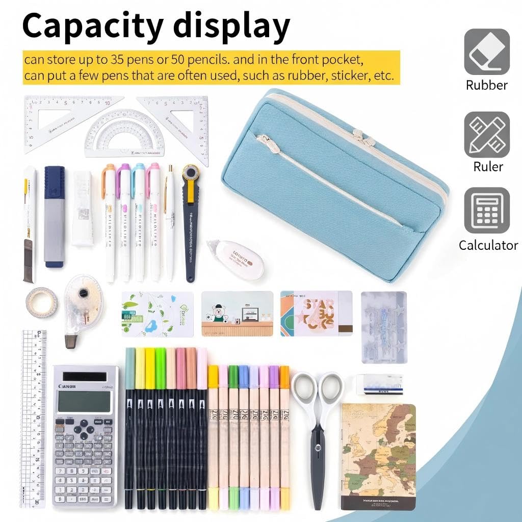 KASTWAVE Large Capacity Pencil Case, Big Capacity Pencil Pouch, Pen Marker Holder Double Zipper Storage Bag, Big Pencil Organizer for College School Office Teen Girl Boy Women Men Adult (Blue)