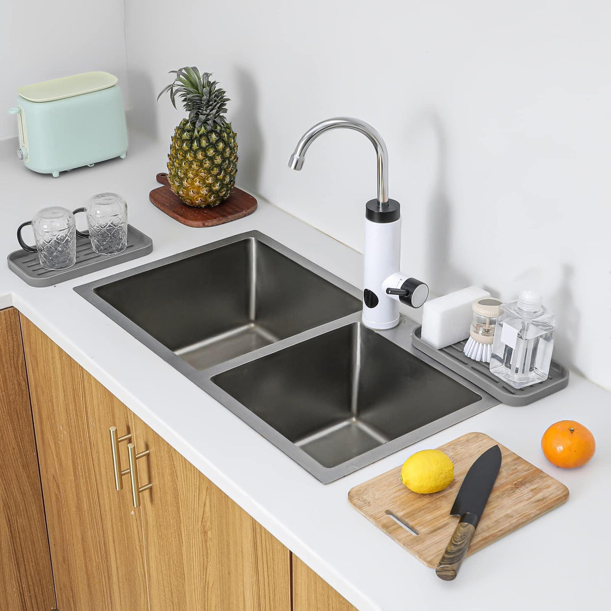 Terrifi Silicone Kitchen Sink Organizer Tray, Eco-Friendly Sponges Holder For Bathroom Counter Or Sink, Kitchen, Bathroom, Makeup, Trinkets, Cup (Grey, 10"×5.3")