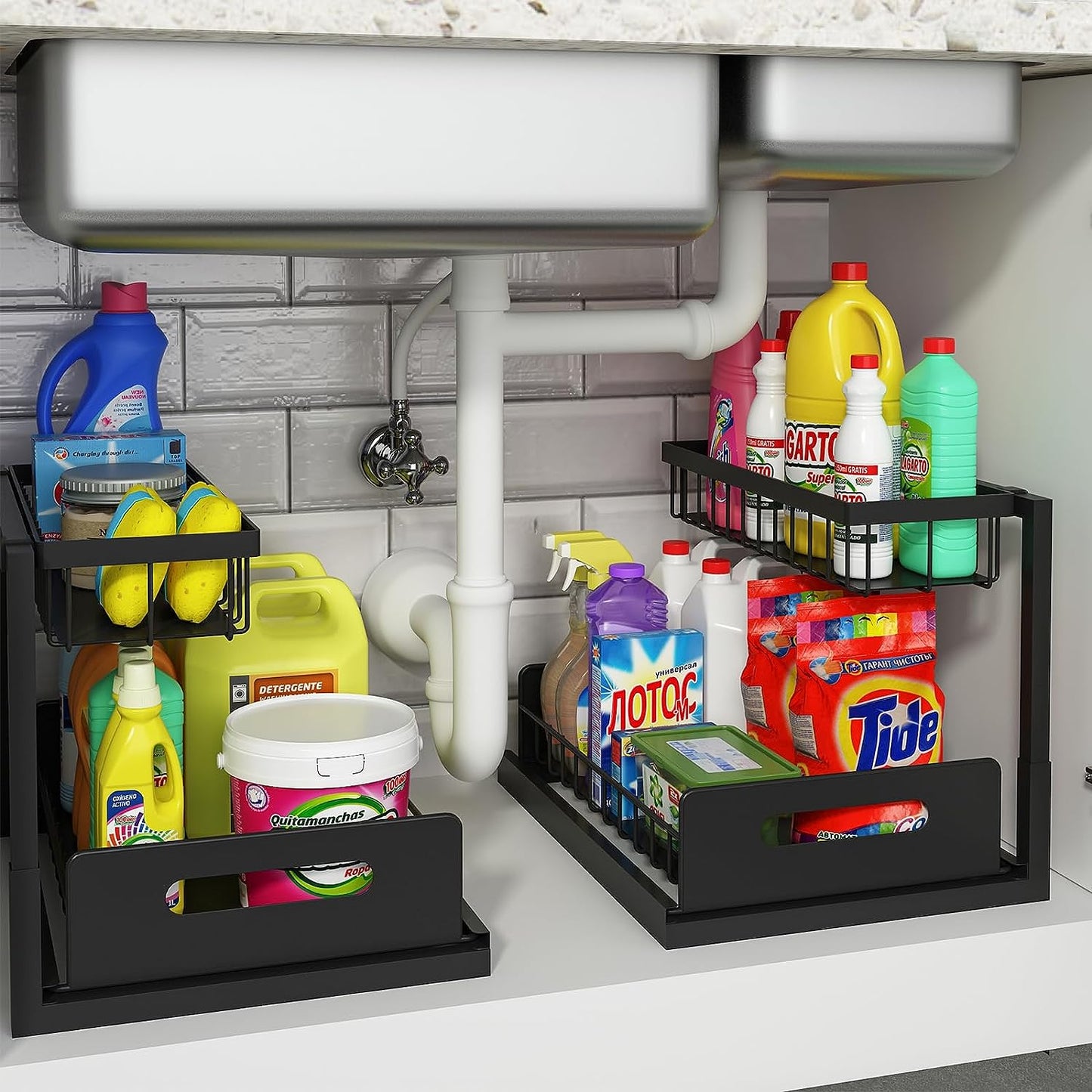 REALINN Under Sink Organizer and Storage, 2 Pack Pull Out Cabinet Organizer Slide Out Sink Shelf Cabinet Storage Shelves, Under Sink Storage for Kitchen Bathroom Cabinet - Medaid International