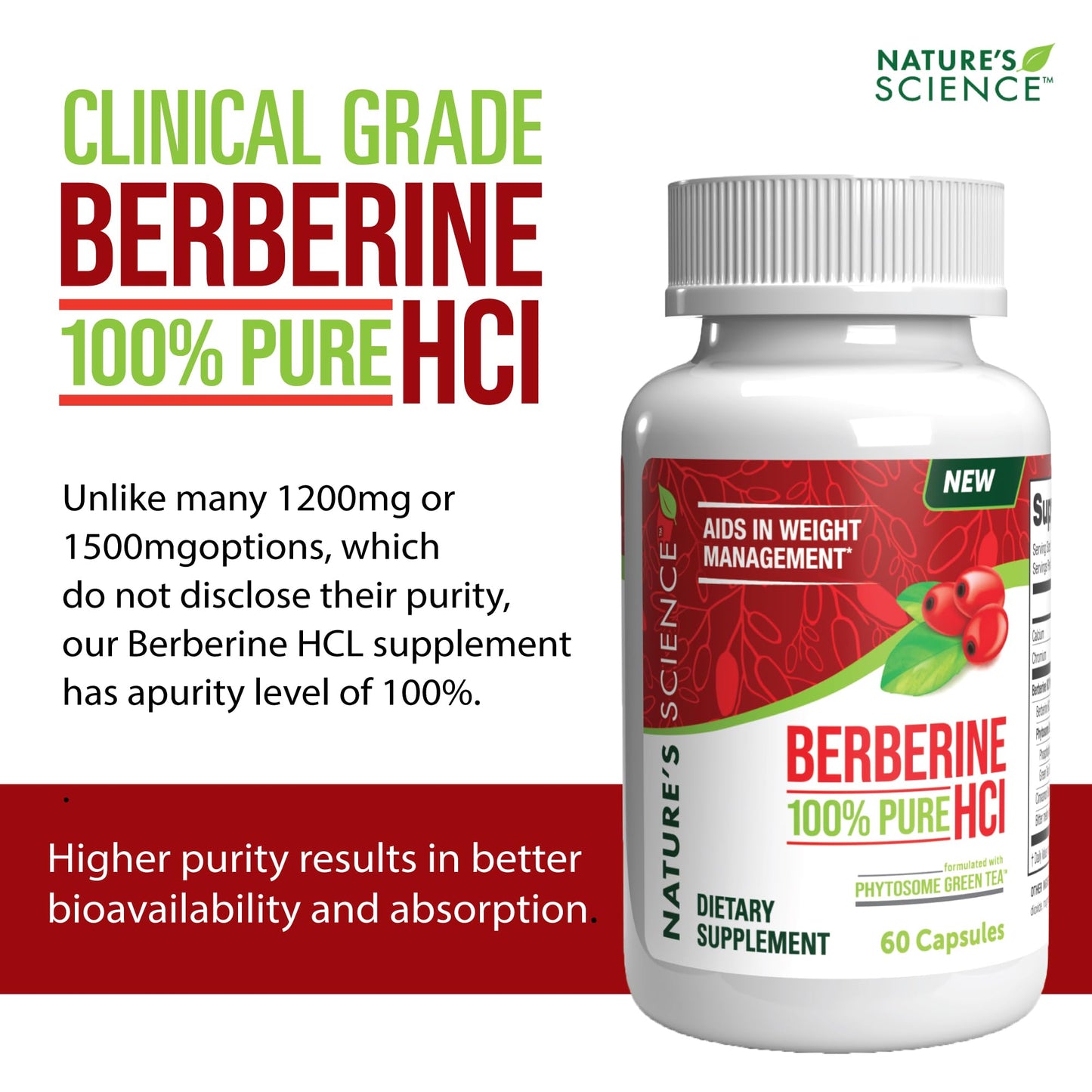 Nature's Science Berberine HCL with Phytosome Green Tea for Weight Management, 100% Pure Clinical Grade Berberine HCL for Better Absorption - Helps Metabolism, Keeps Full for Longer - 60 Caps - Medaid International