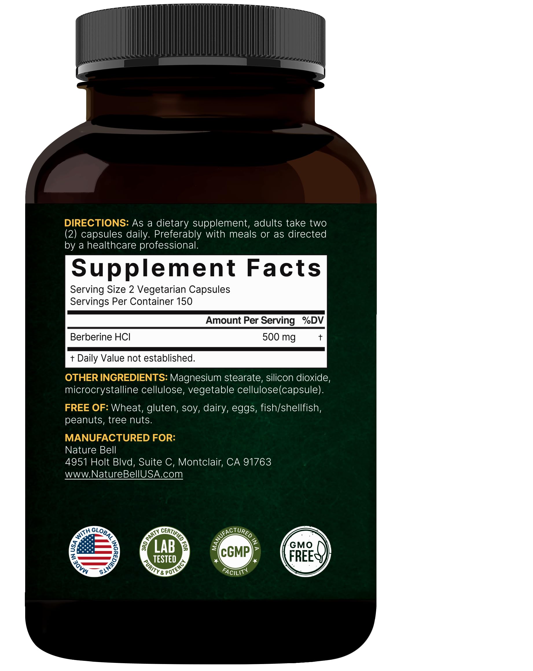 NatureBell Berberine Supplement 500mg | 300 Veggie Capsules, 97% Pure Berberine HCL – 5:1 Root Extract – Plant Based, Vegan, Non-GMO - Medaid International