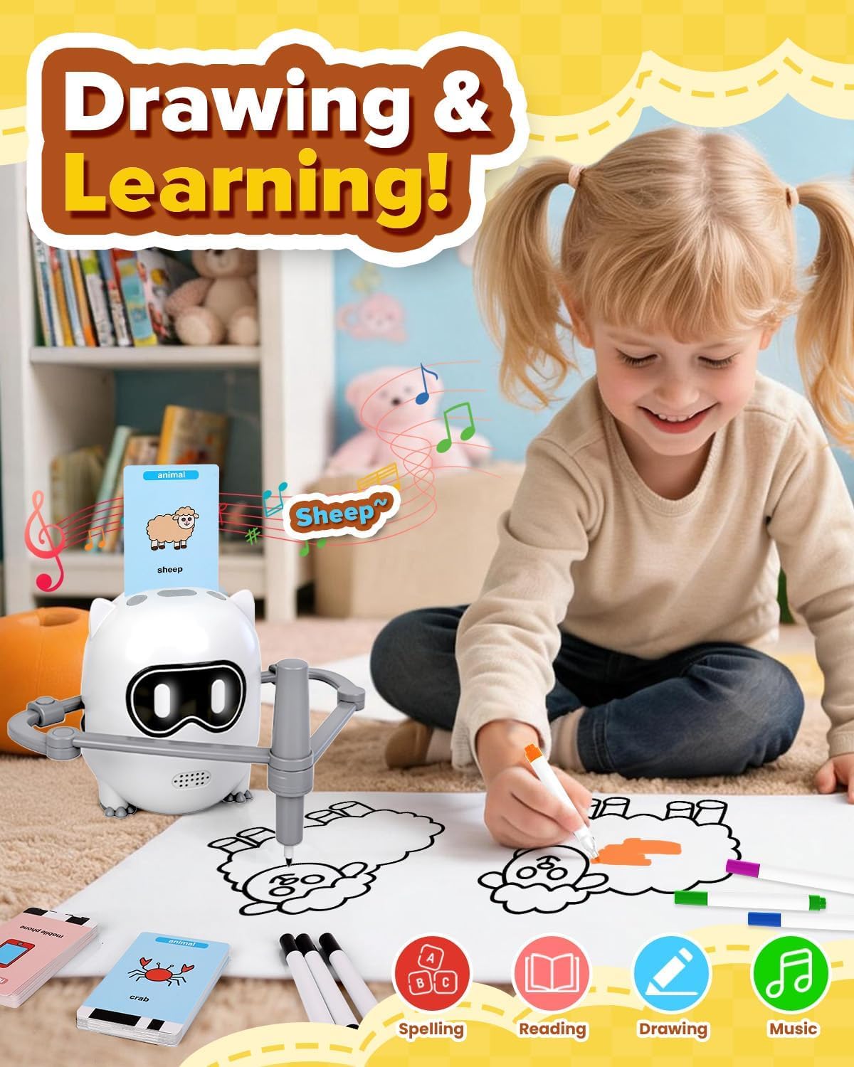Drawing Robot Toy for Kids Ages 3 4 5 6 7 8, with 200 Cards, Voice Interactive Doodle Bot, Montessori Educational Painting Machine, Learning Art Toy for Boys Girls, Gift Idea