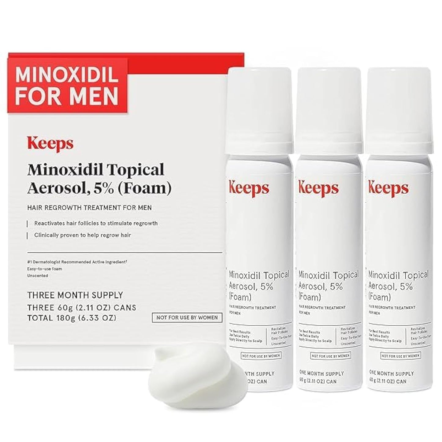 Keeps Extra Strength Minoxidil for Men - 5% Minoxidil Foam Hair Loss & Regrowth Treatment for Thinning & Bald Spots - Clinically Proven Hair Growth Products - Unscented Topical Aerosol Foam - Medaid International