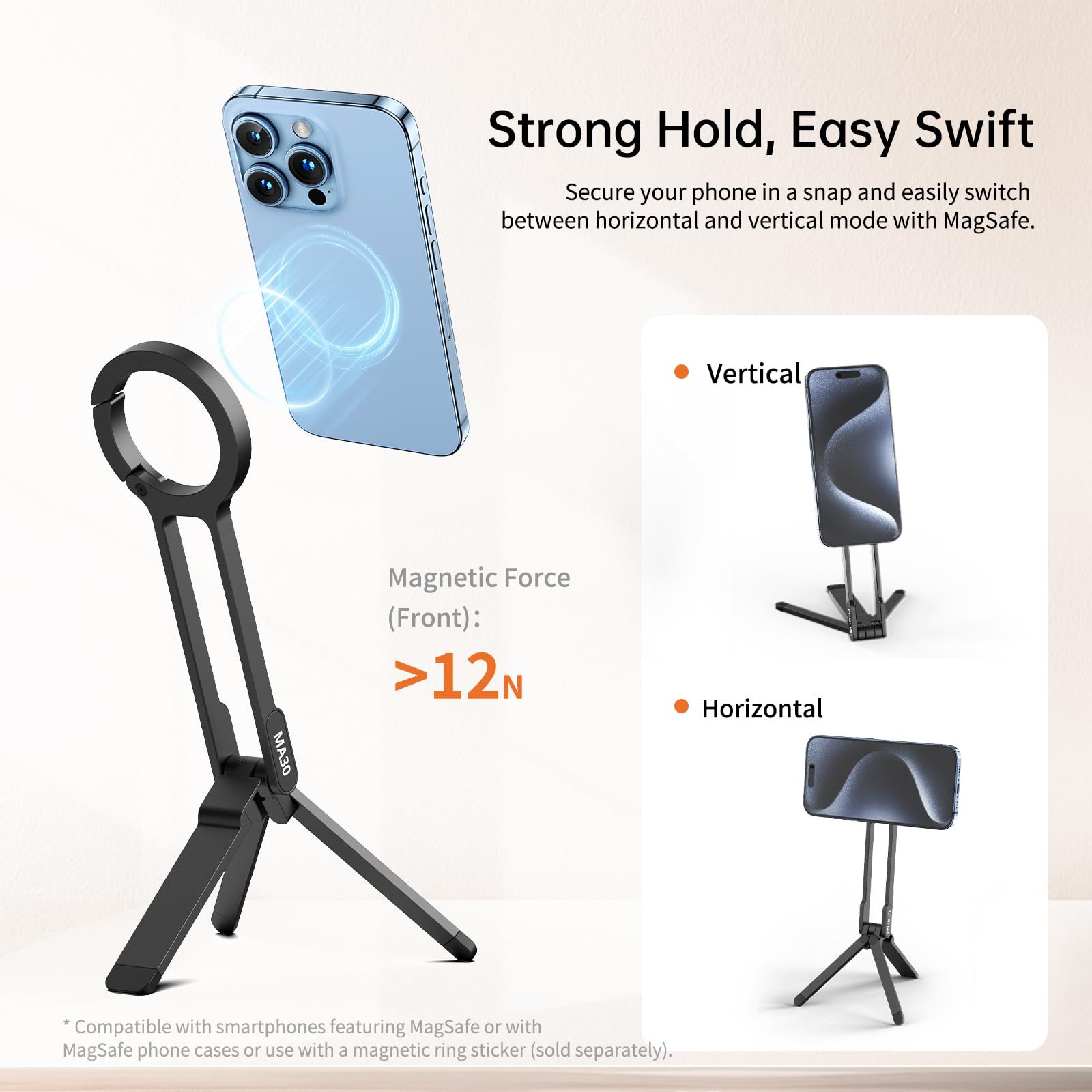 ULANZI MA30 Magnetic Phone Tripod Stand for iPhone - Aluminium Maglock Smartphone Mini Tripod Pocket Cell Phone Stand Strong Magnet Quick Mount Compatible with iPhone 17 16 15 14 13 12 Series, Black - Medaid International