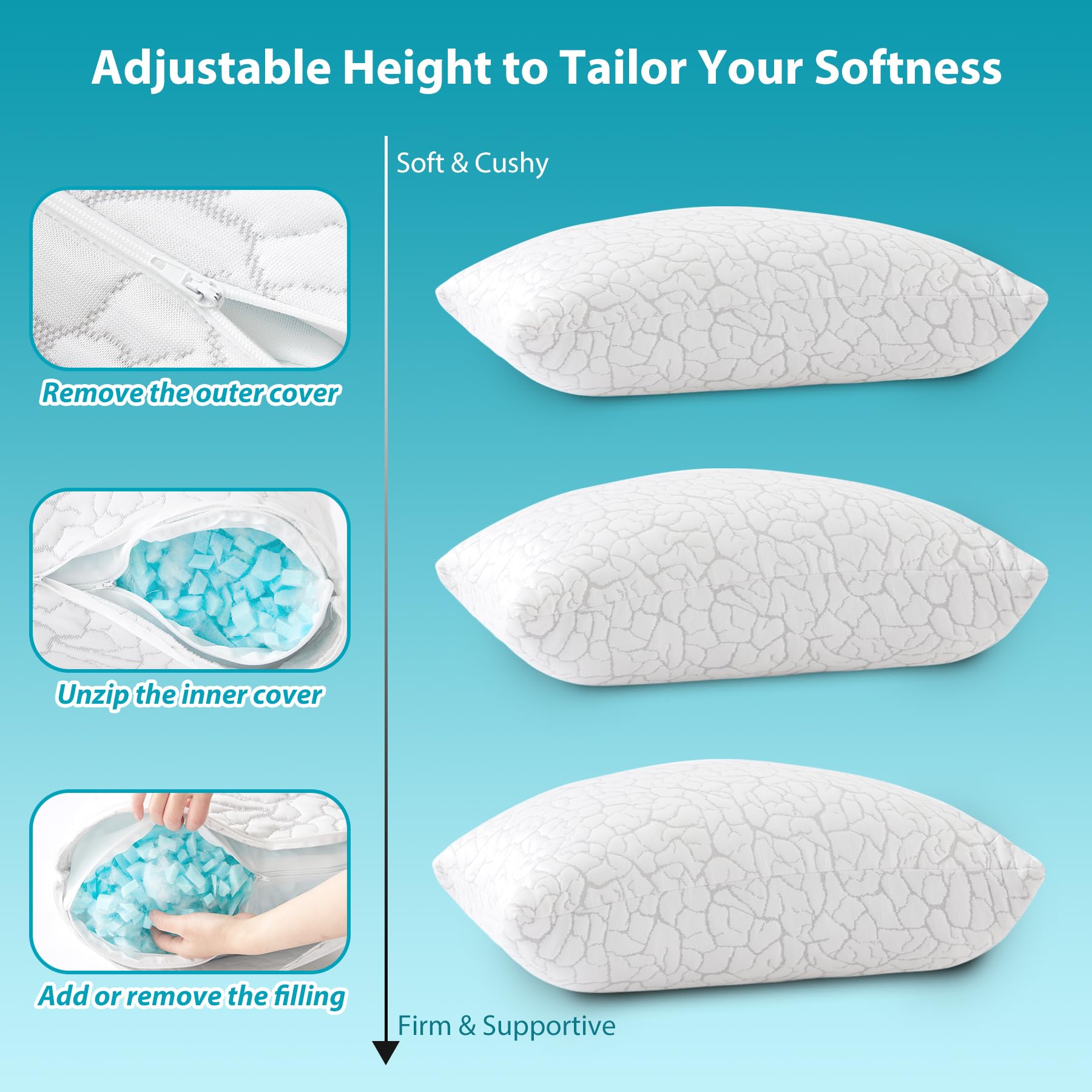 WGAKCED Cooling Pillows for Sleeping 1 Pack, Queen Size Adjustable Shredded Memory Foam Pillows, Firm Bed Pillows for Side, Back, Stomach, Hot Sleepers, Cold Pillow with Removable Washable Cover - Medaid International