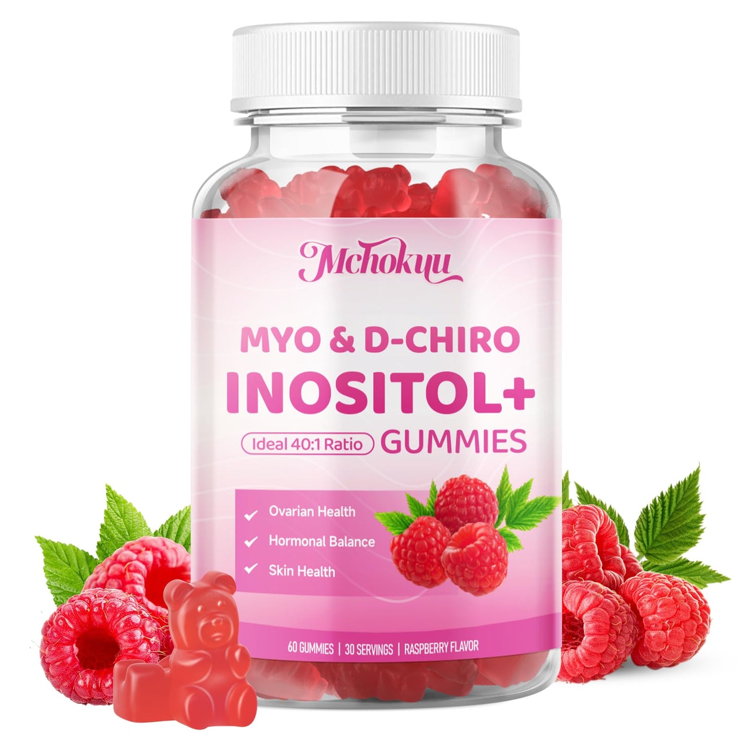 Mchokuu Myo-Inositol & D-Chiro Inositol Gummies, Ideal 40:1 Ratio Supplement for Women 2000mg 50mg with Vitamin D3 B12 for Hormonal Balance & Ovarian Health, Sugar Free, Raspberry Flavor, 60 Count - Medaid International