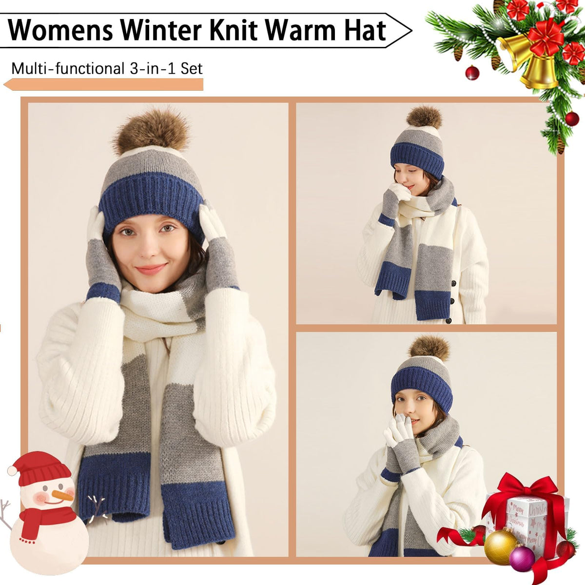 TERRIFI Winter Beanie Hat Scarf and Touchscreen Gloves Set for Women Thermal Fleece Lined 3 Piece Knit Set for Cold Weather Long Thick Scarf and Elastic Skull Cap with Pom-Pom Gray and Blue