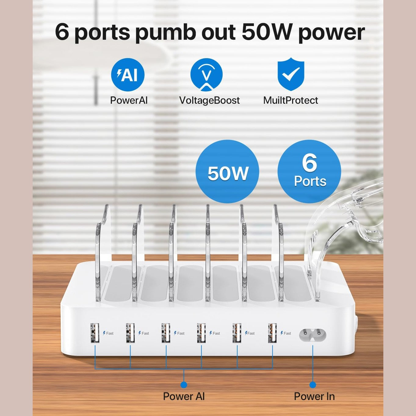 SooPii Premium 6-Port USB Charging Station Organizer for Multiple Devices, 6 Short Charging Cables and One Upgraded i-Watch Charger Holder Included, for Phones, Tablets, and Other Electronics, White - Medaid International