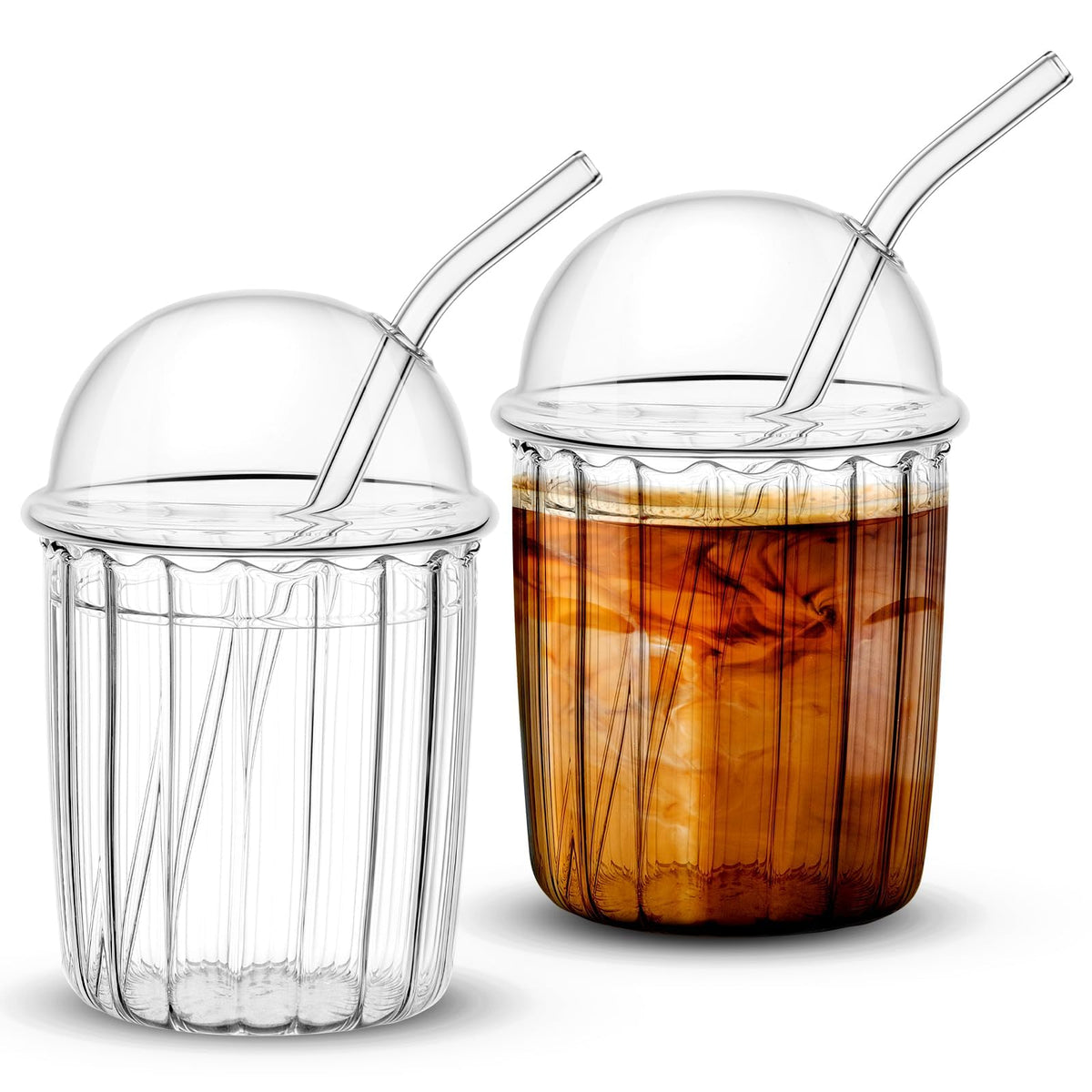 TERRIFI Glass Tumbler Set with Dome Lid and Straw, 15 oz Reusable Smoothie Coffee Drinking Glass Cup, Ideal for Home and Office Use, 2 Pcs