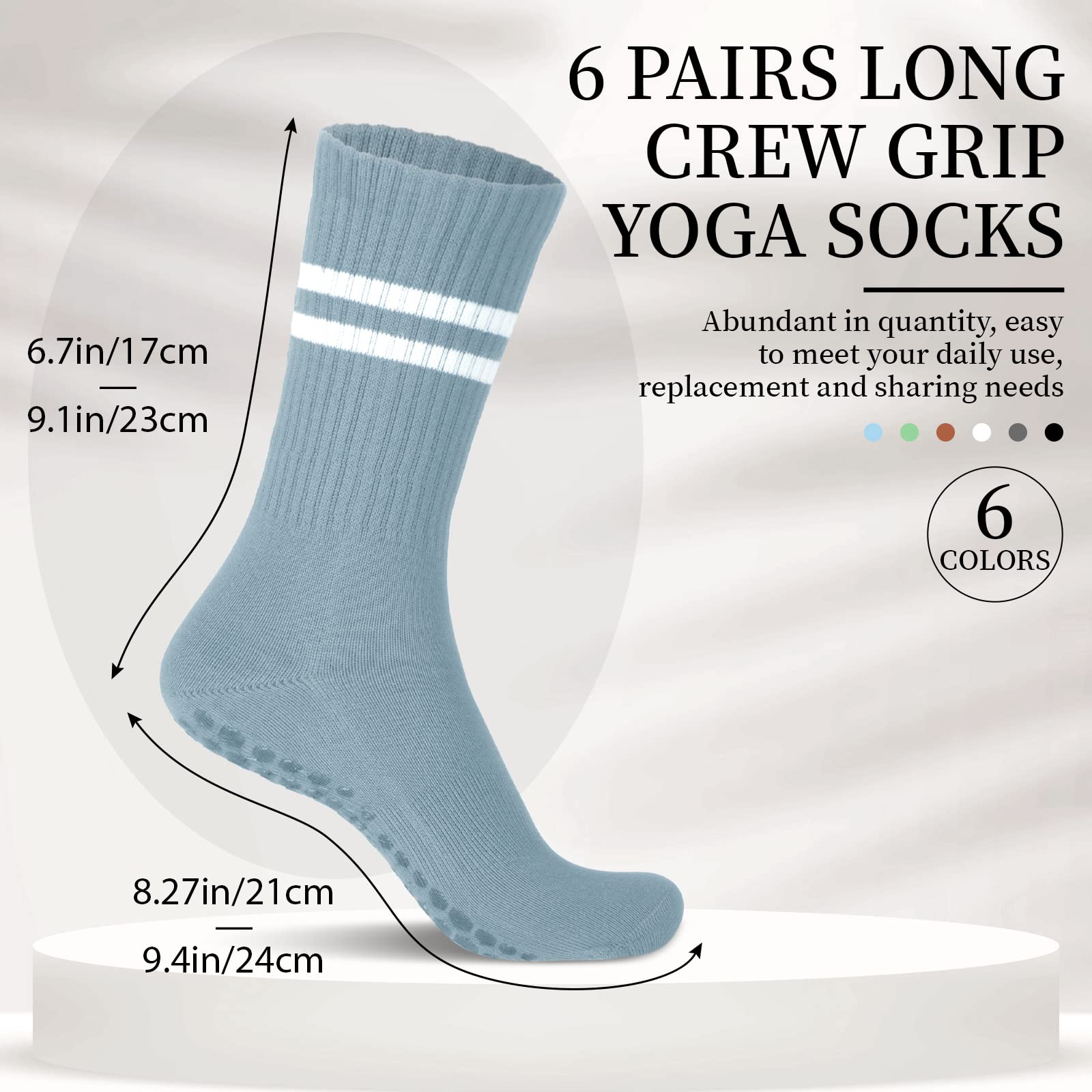 Sureio 6 Pairs Women Long Pilates Grip Socks with Non Slip Crew Grippy Socks with Stripe for Sports Yoga Barre Ballet (Classic Color) - Medaid International