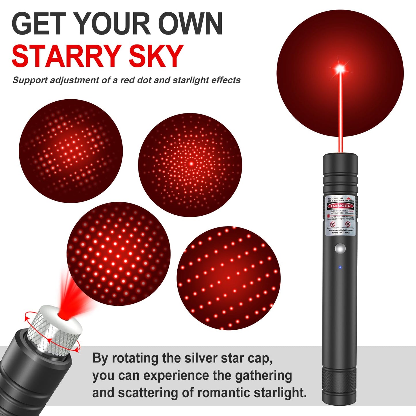 LETEAPII Red Light Flashlight, Long Distance USB Rechargeable Tactical Beam with Star Cap Adjustable Effect for Outdoor Journeys, Presentations, TV/LED/LCD Screens, and Stargazing - Medaid International