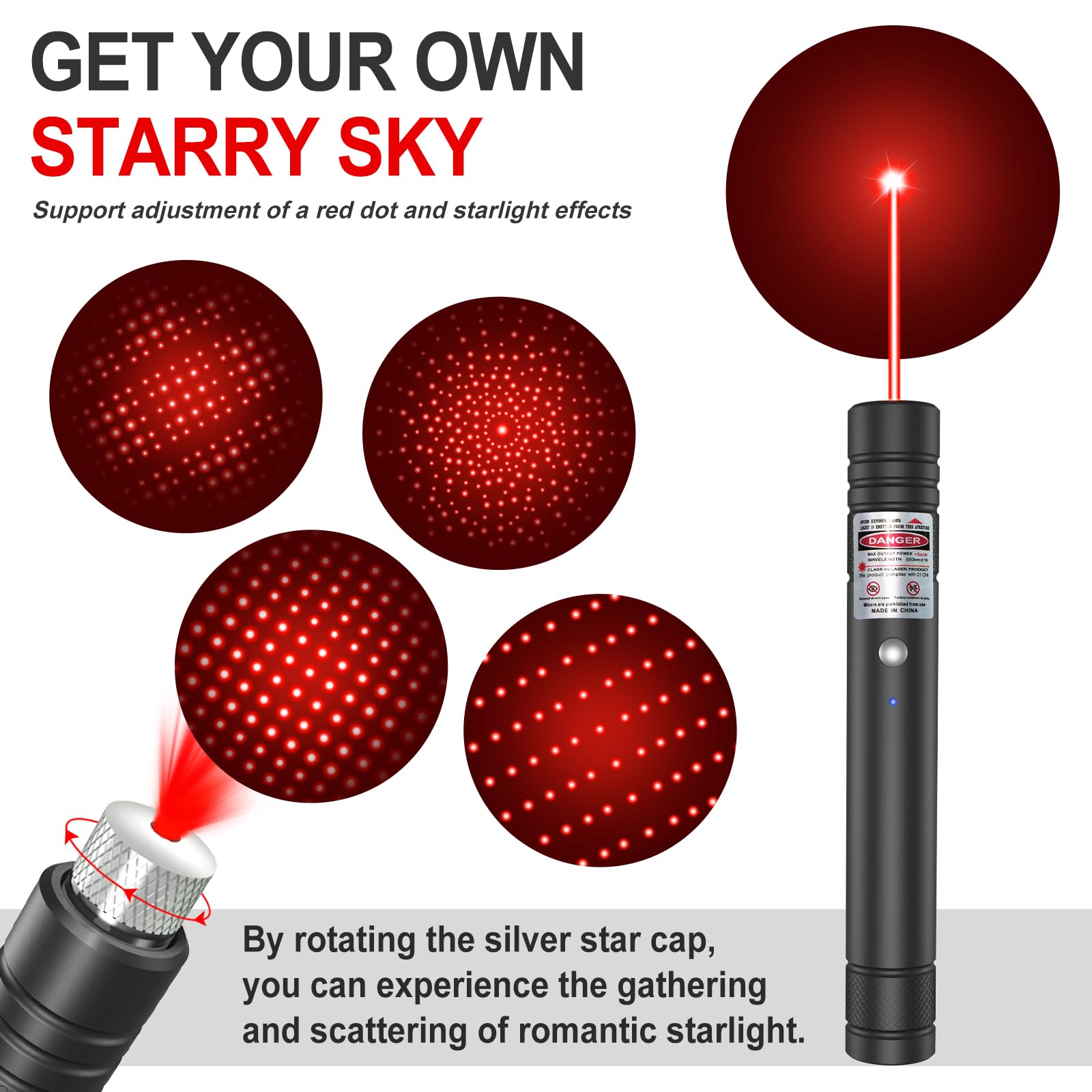 LETEAPII Red Light Flashlight, Long Distance USB Rechargeable Tactical Beam with Star Cap Adjustable Effect for Outdoor Journeys, Presentations, TV/LED/LCD Screens, and Stargazing - Medaid International